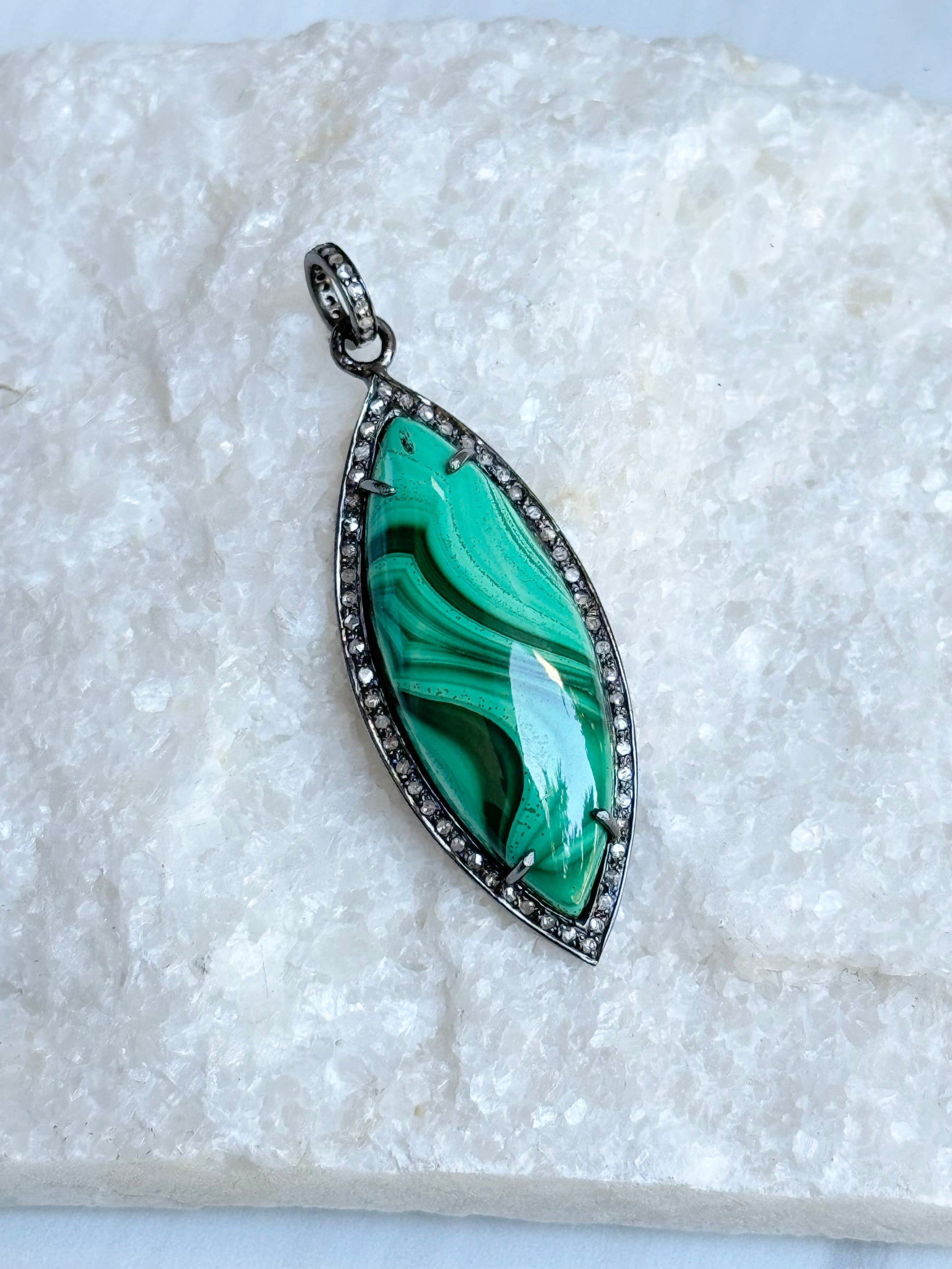 Green Malachite Silver Diamond Pendant | Ulka Rocks