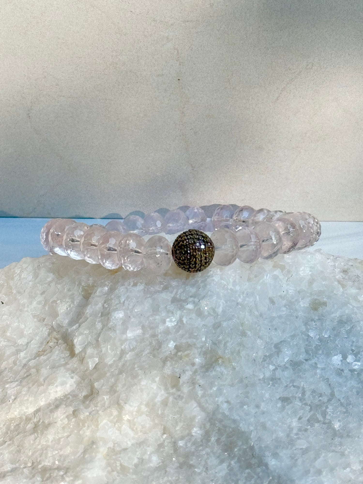 Rose Pink Quartz Stretch Bracelet with Diamond Accent | Ulka Rocks
