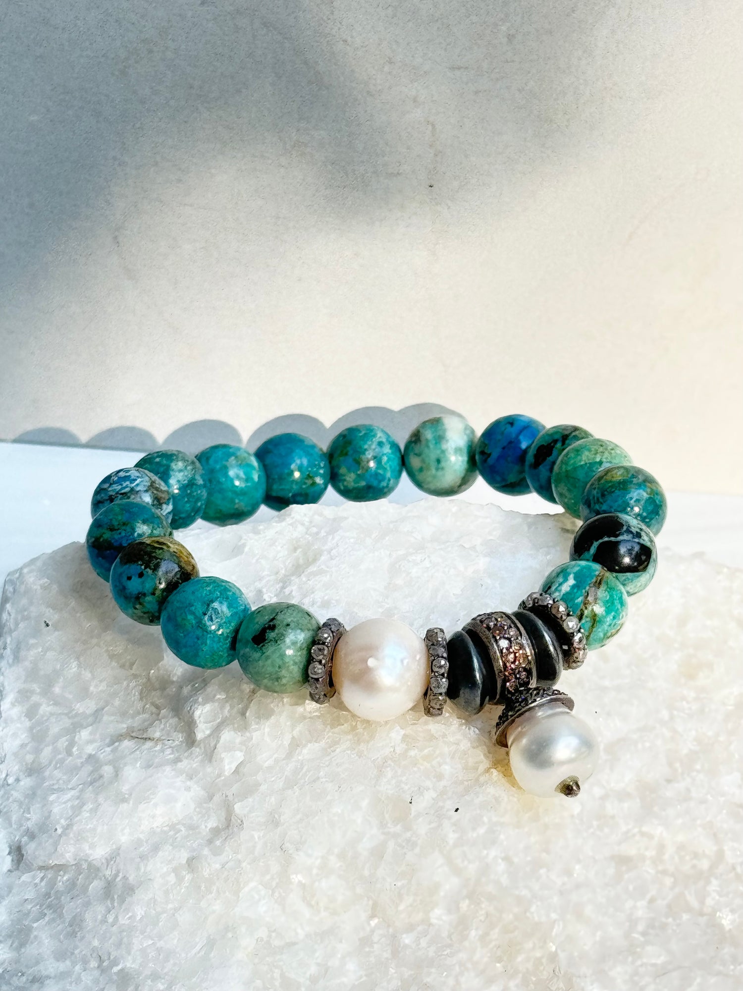 Green Chrysocolla Diamond Pearl Stretch Bracelet | Ulka Rocks