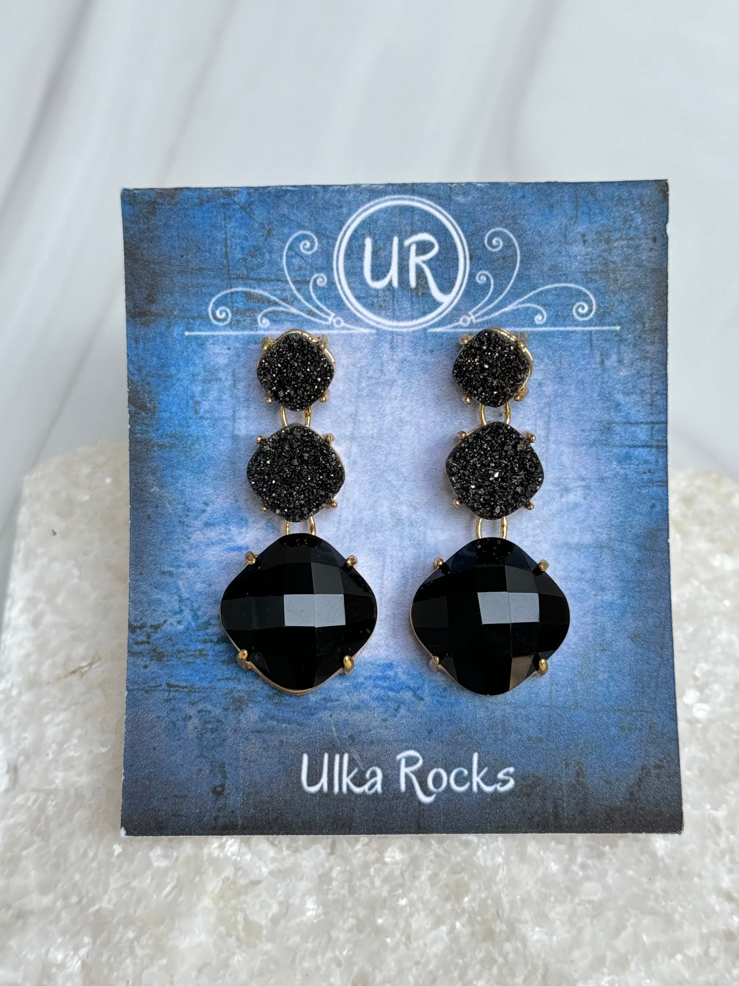Black Druzy and Black Onyx Drop Earrings | Ulka Rocks