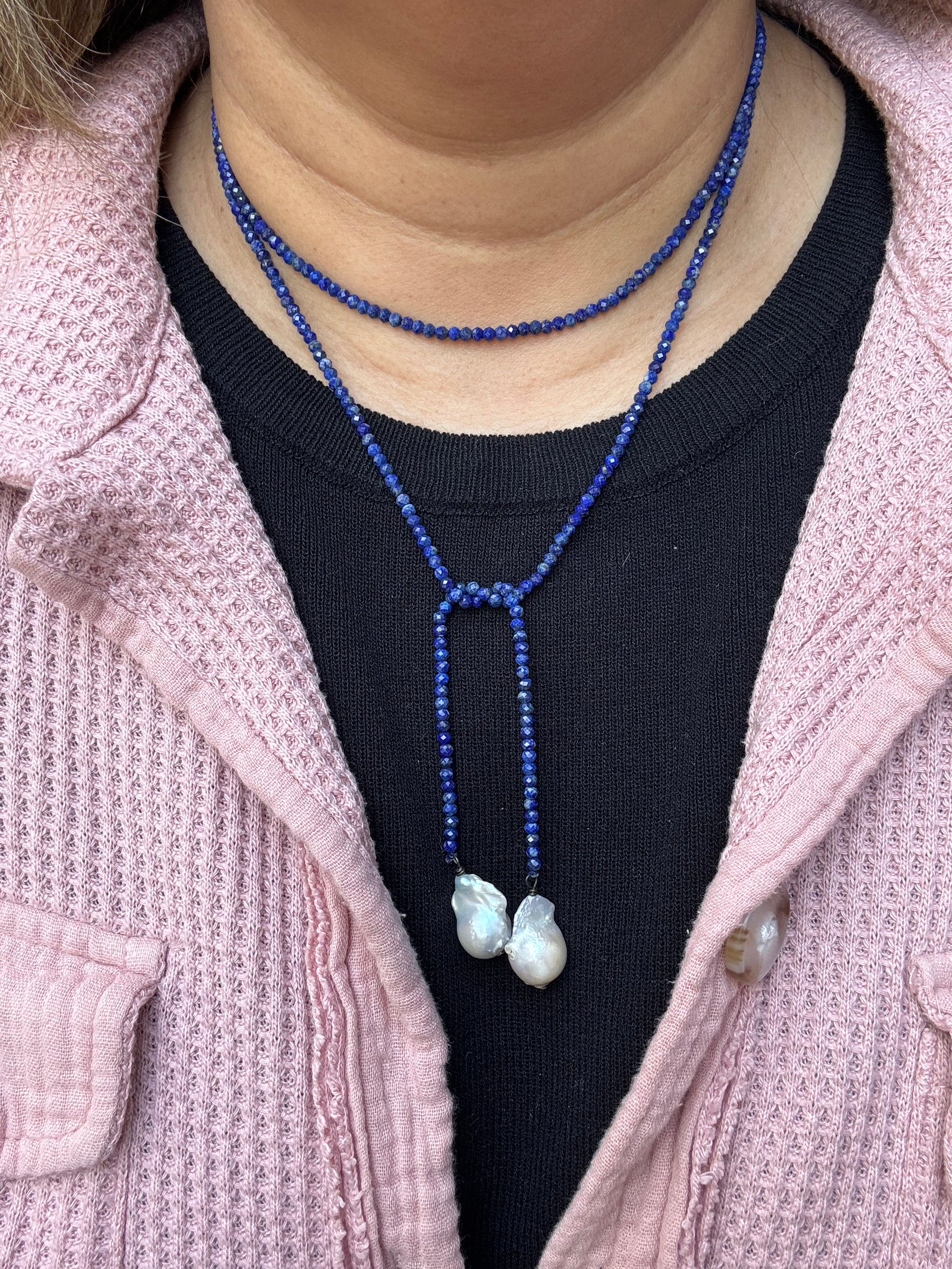 Lapis Lazuli Wrap Necklace with Blue Pearl Accents | Ulka Rocks