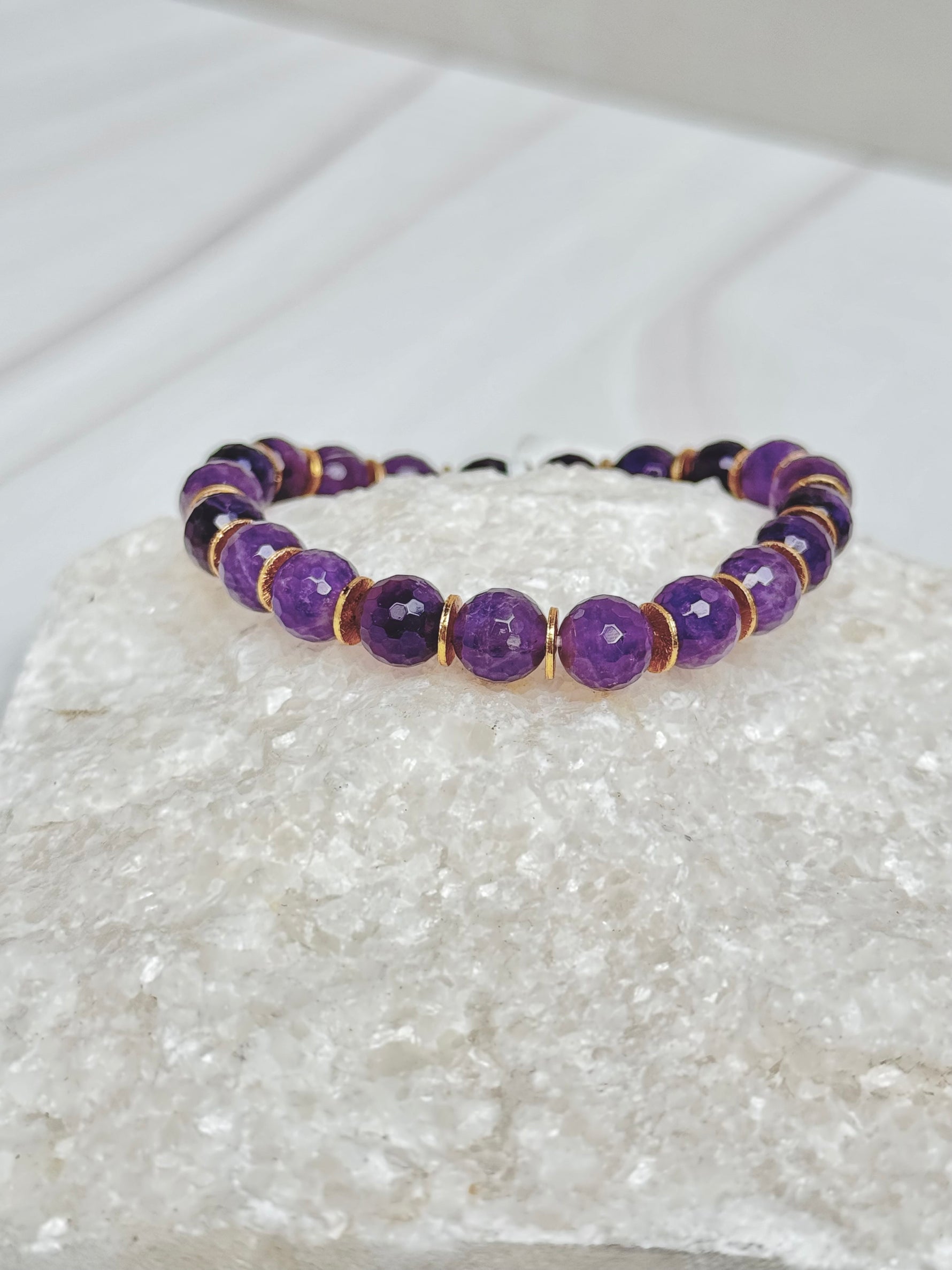 Purple Amethyst Stretch Bracelet with Gold Plated Accents | Ulka Rocks