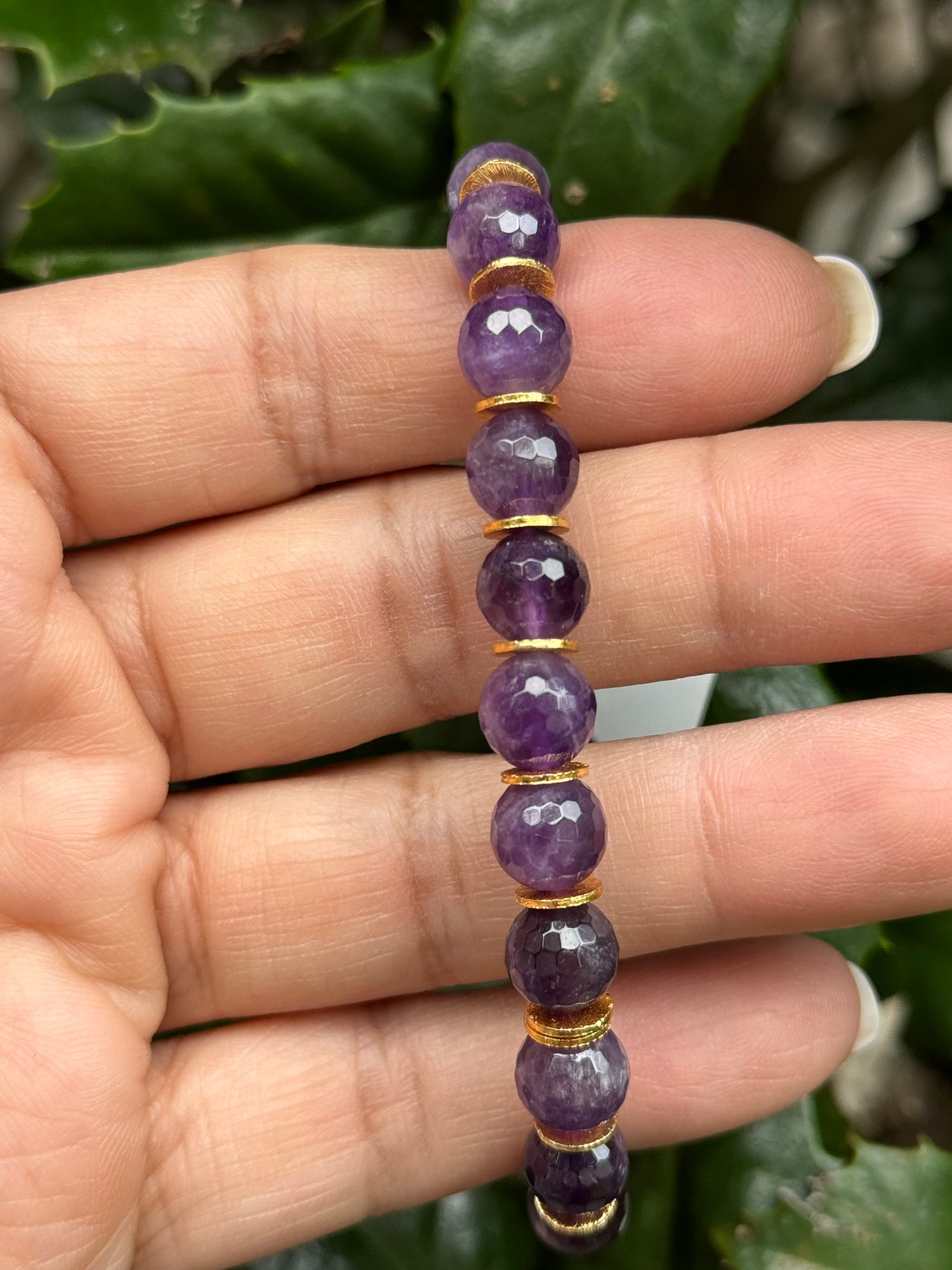 Purple Amethyst Stretch Bracelet with Gold Plated Accents | Ulka Rocks