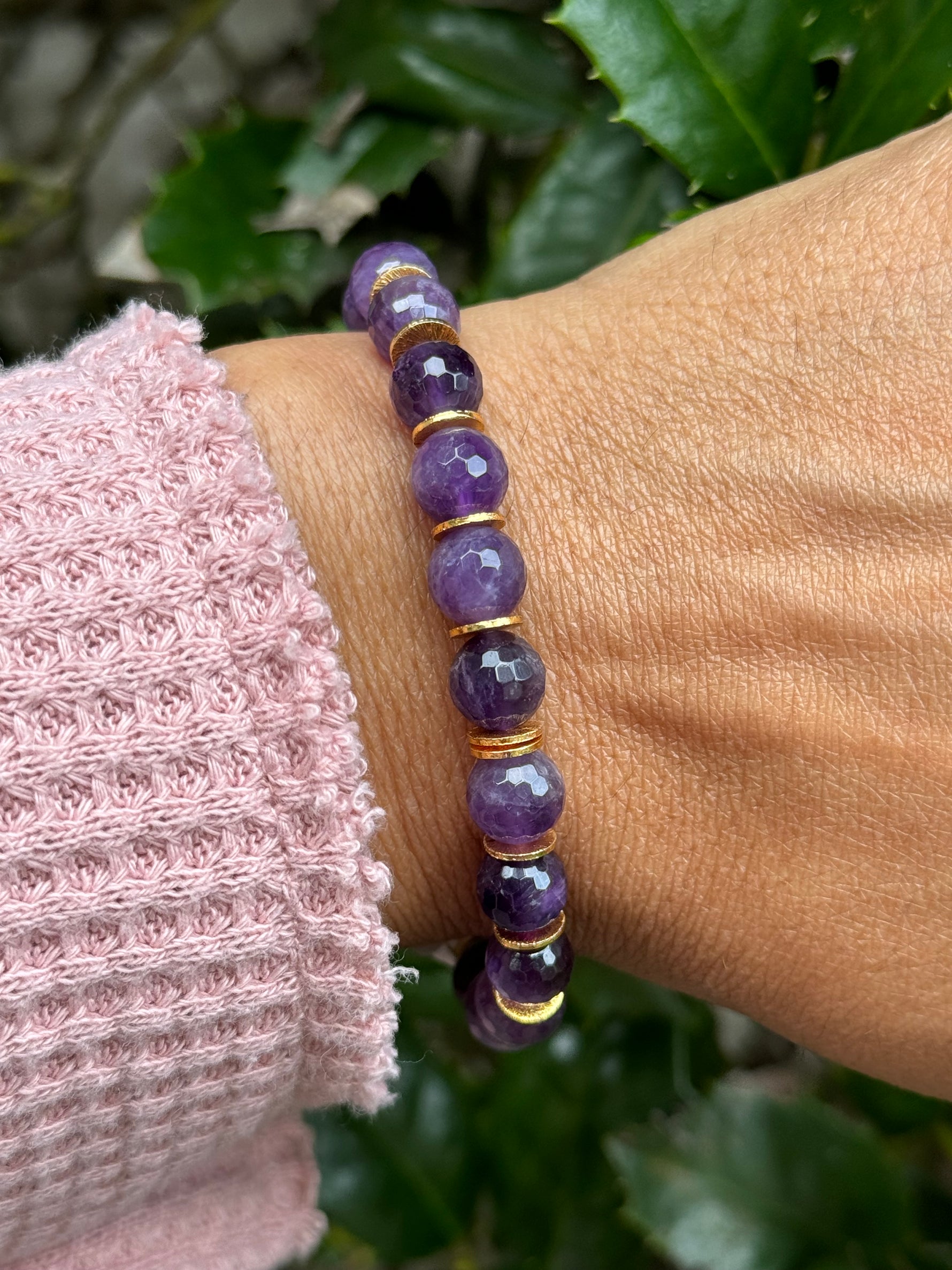 Purple Amethyst Stretch Bracelet with Gold Plated Accents | Ulka Rocks