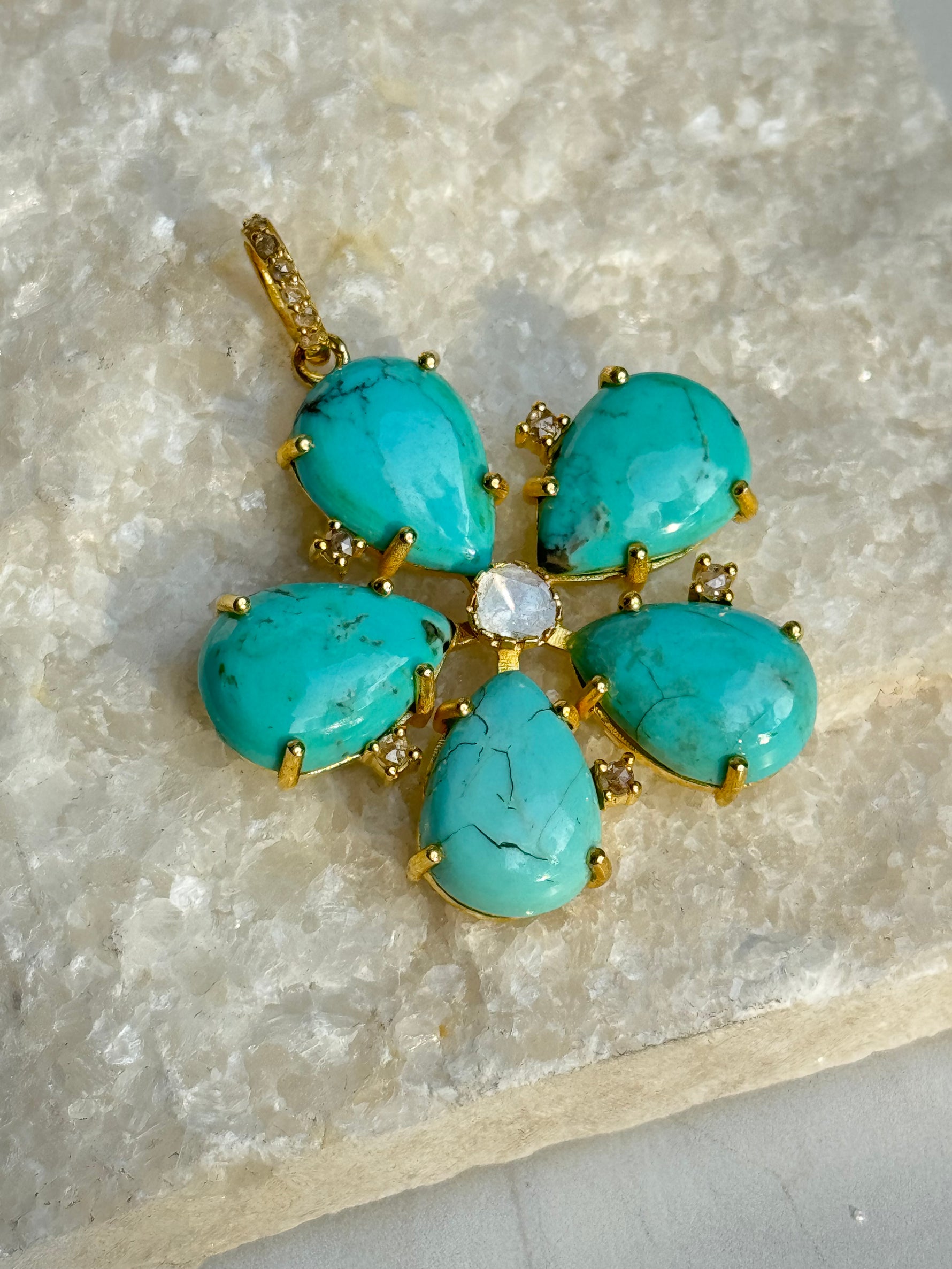 Kingman Blue Turquoise Flower Pendant with Rough Cut Diamond Center | Ulka Rocks