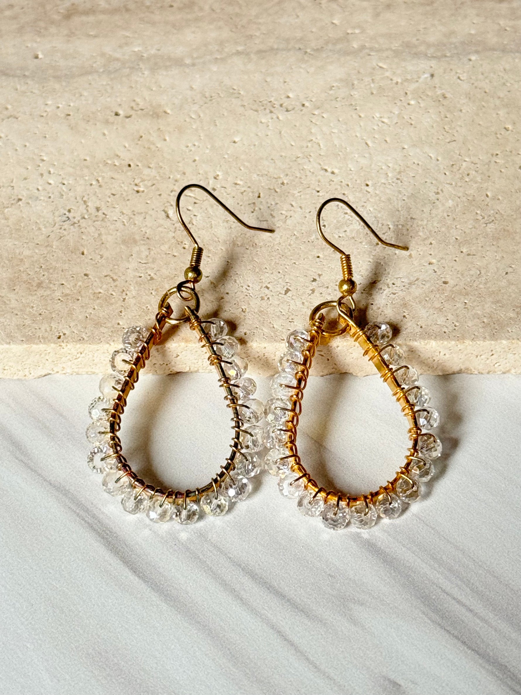 Gold Vermeil Wire Wrapped Earrings - Clear Tear Drop | Ulka Rocks