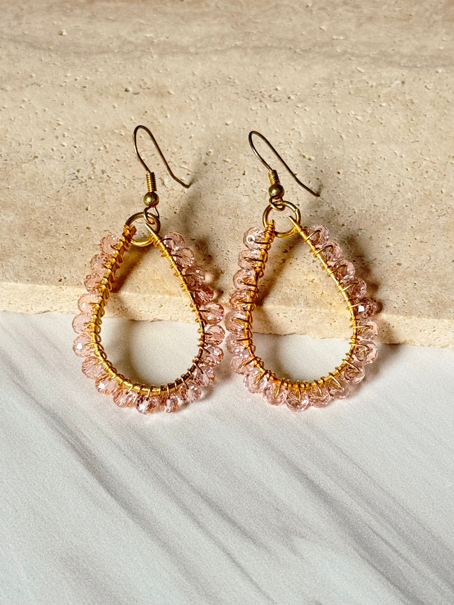 Gold Vermeil Wire Wrapped Earrings - Light Pink | Ulka Rocks