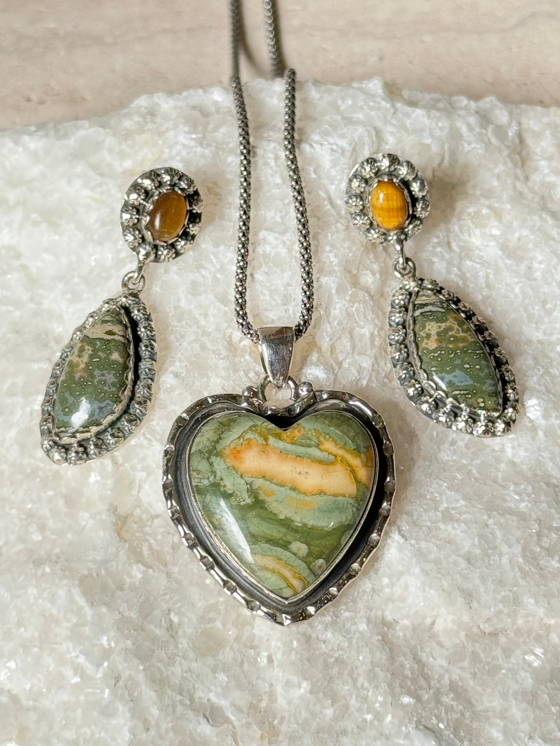 Gift Bundle: Earrings, Sterling Silver Necklace, Pendant - Rainforest Jasper | Ulka Rocks