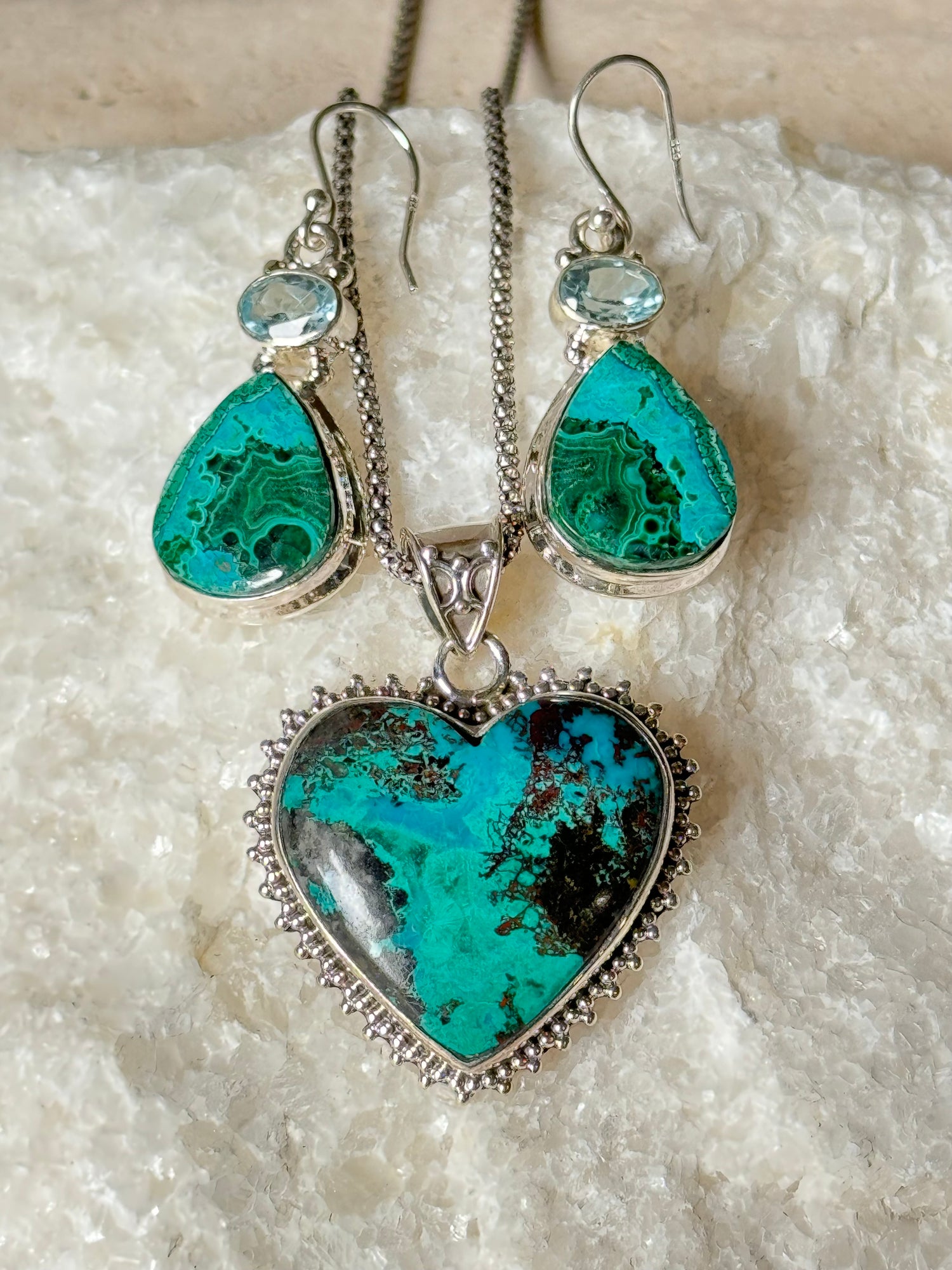 Gift Bundle: Earrings, Sterling Silver Necklace, Pendant - Chrysocolla | Ulka Rocks