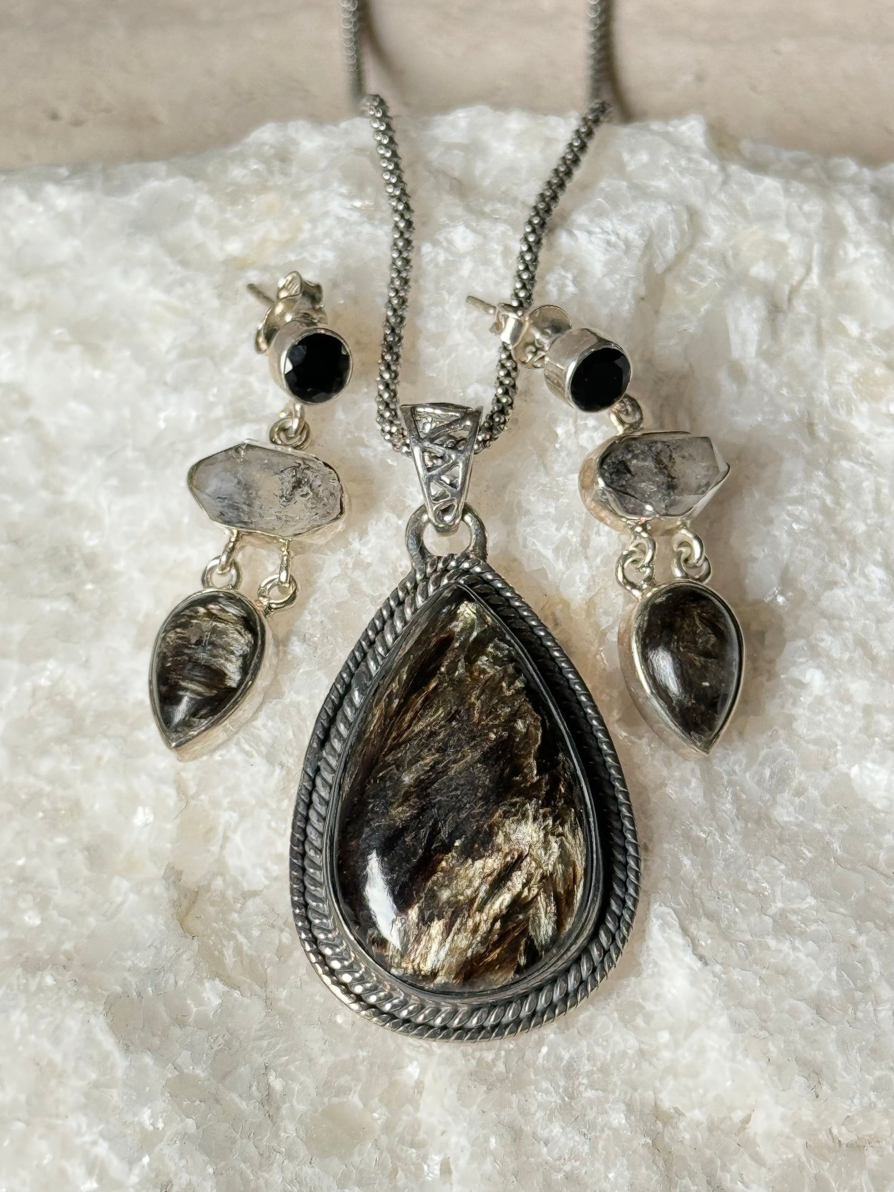 Gift Bundle: Earrings, Sterling Silver Necklace, Pendant - Golden Black Obsidian | Ulka Rocks