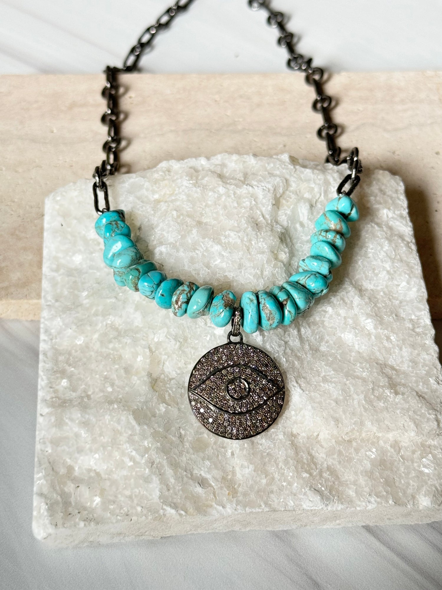 Diamond Evil Eye and Campitos Blue Turquoise Necklace | Ulka Rocks