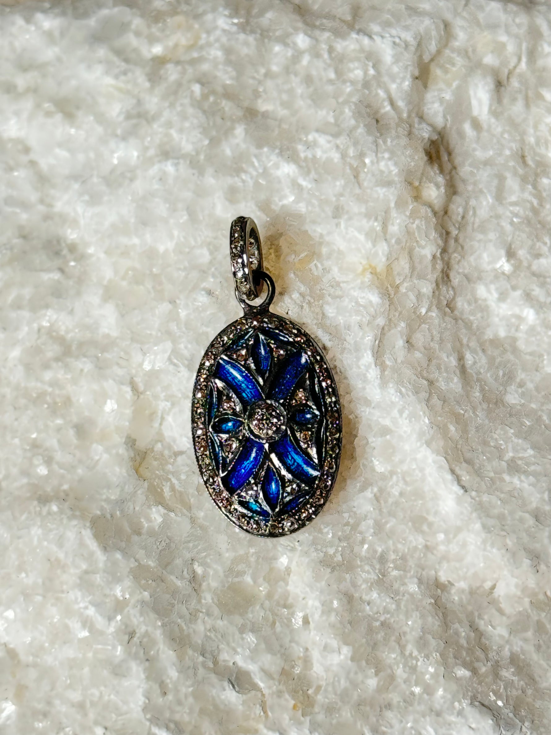 Small Pave Diamond with Blue Enamel Detail Pendant | Ulka Rocks