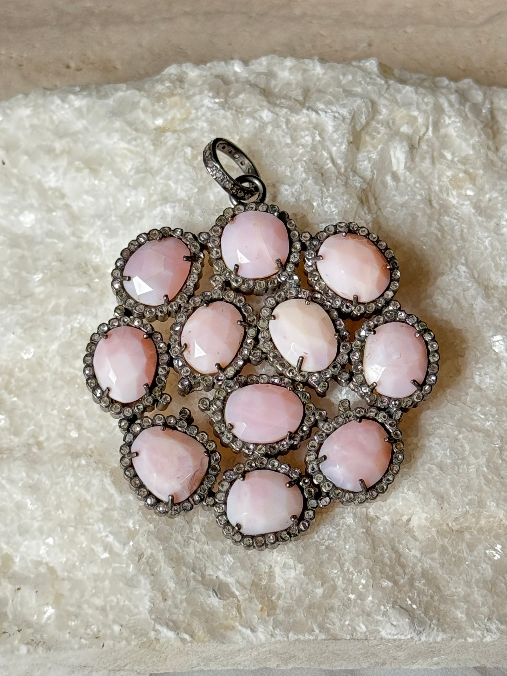 Pink Pink Opal Diamond Cluster Pendant | Ulka Rocks