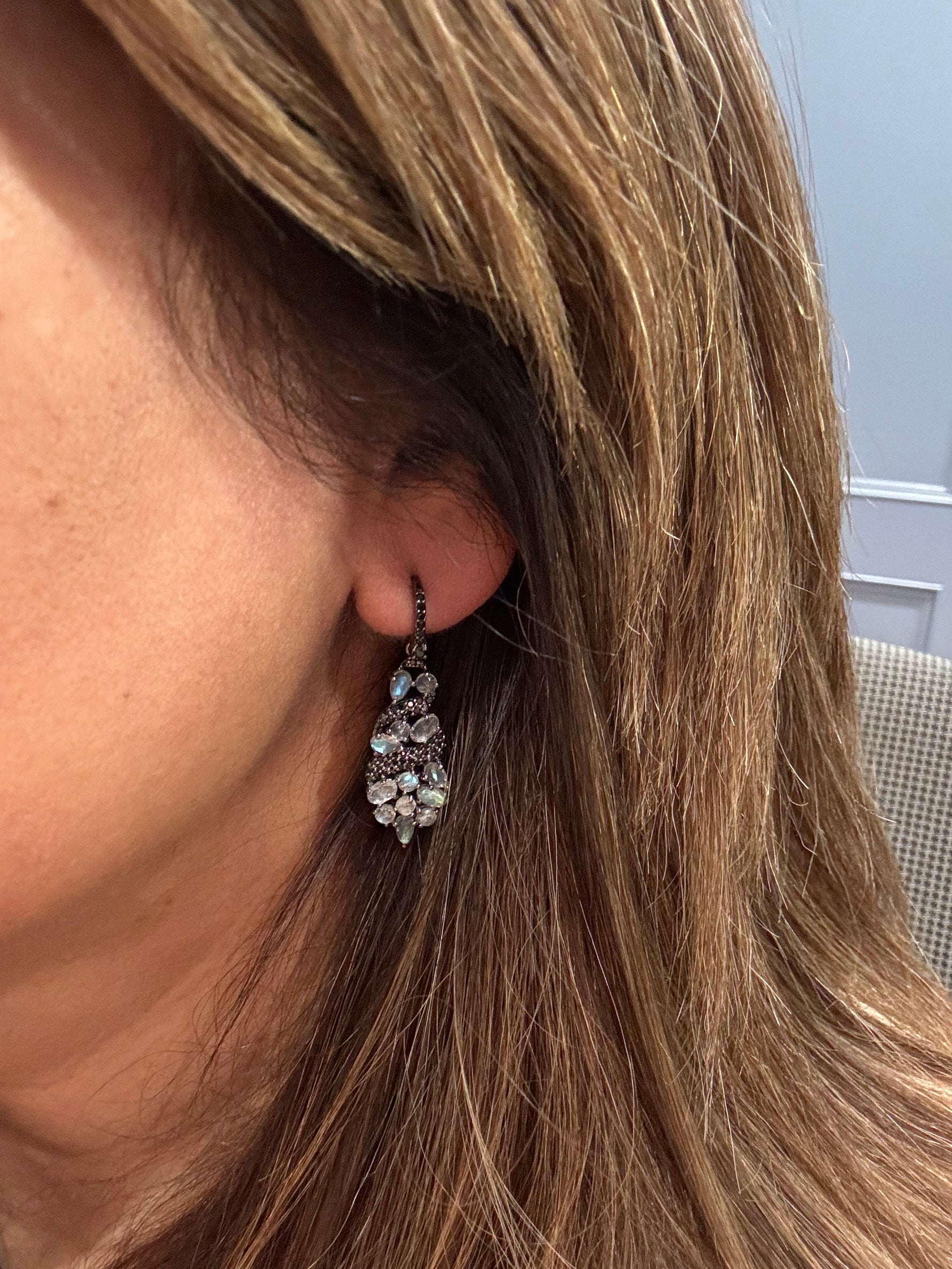 Black Spinel and Green Labradorite Cluster Earrings | Ulka Rocks