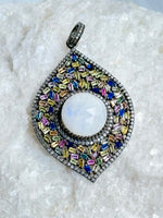 Multi-colored Sapphire Pendant with Pink Moonstone Center Stone | Ulka Rocks