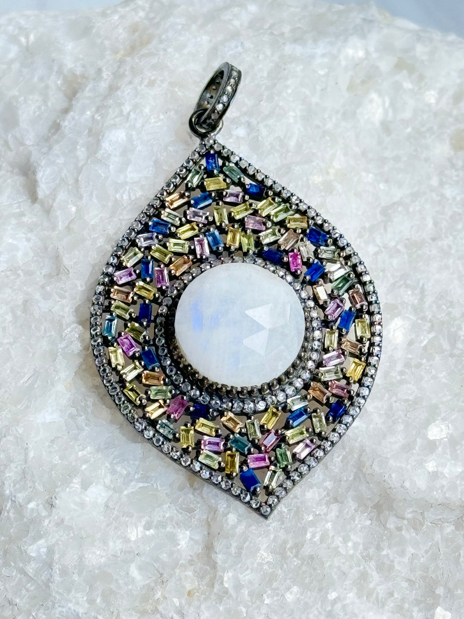 Multi-colored Sapphire Pendant with Pink Moonstone Center Stone | Ulka Rocks