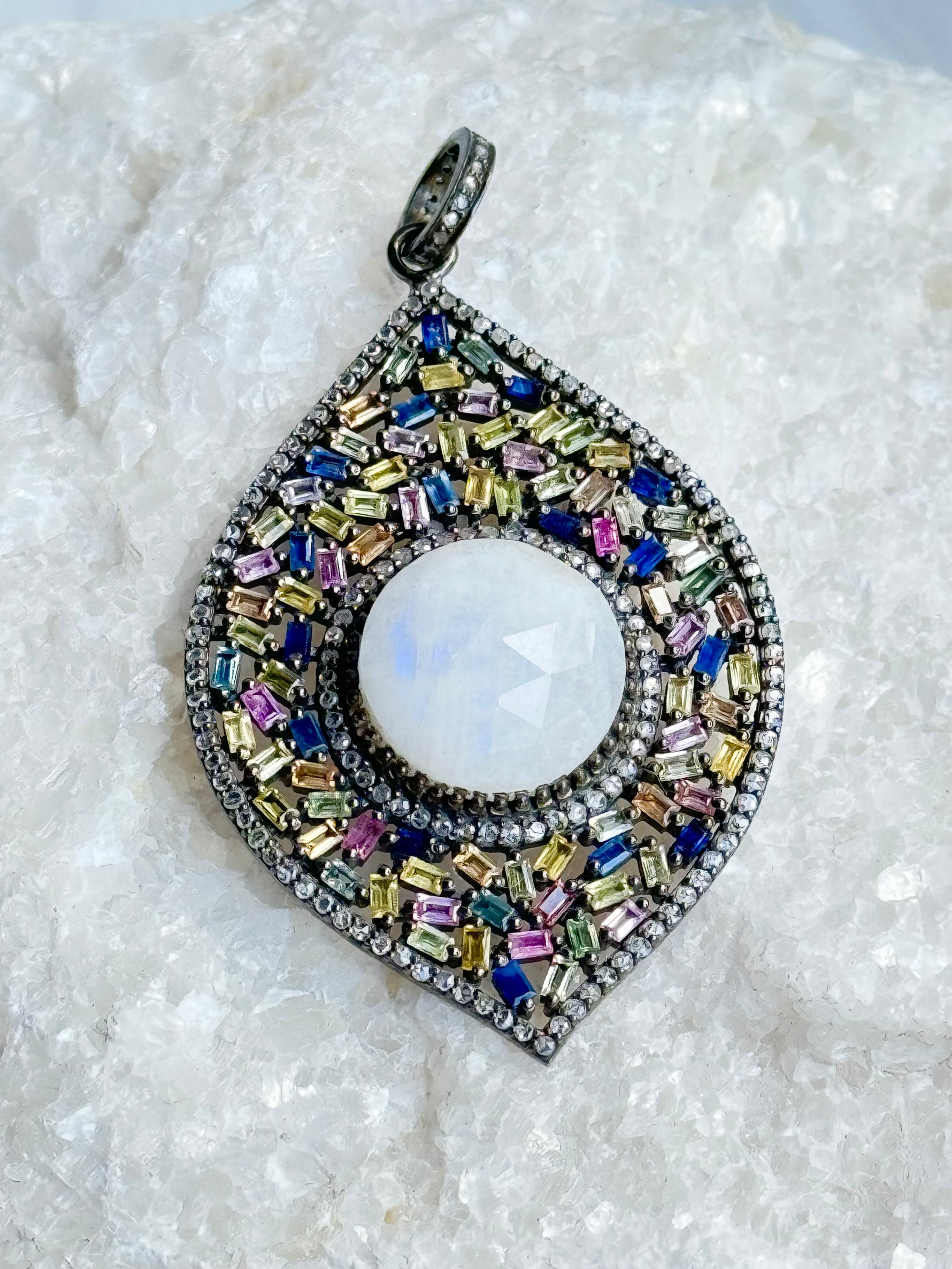 Multi-colored Sapphire Pendant with Pink Moonstone Center Stone | Ulka Rocks