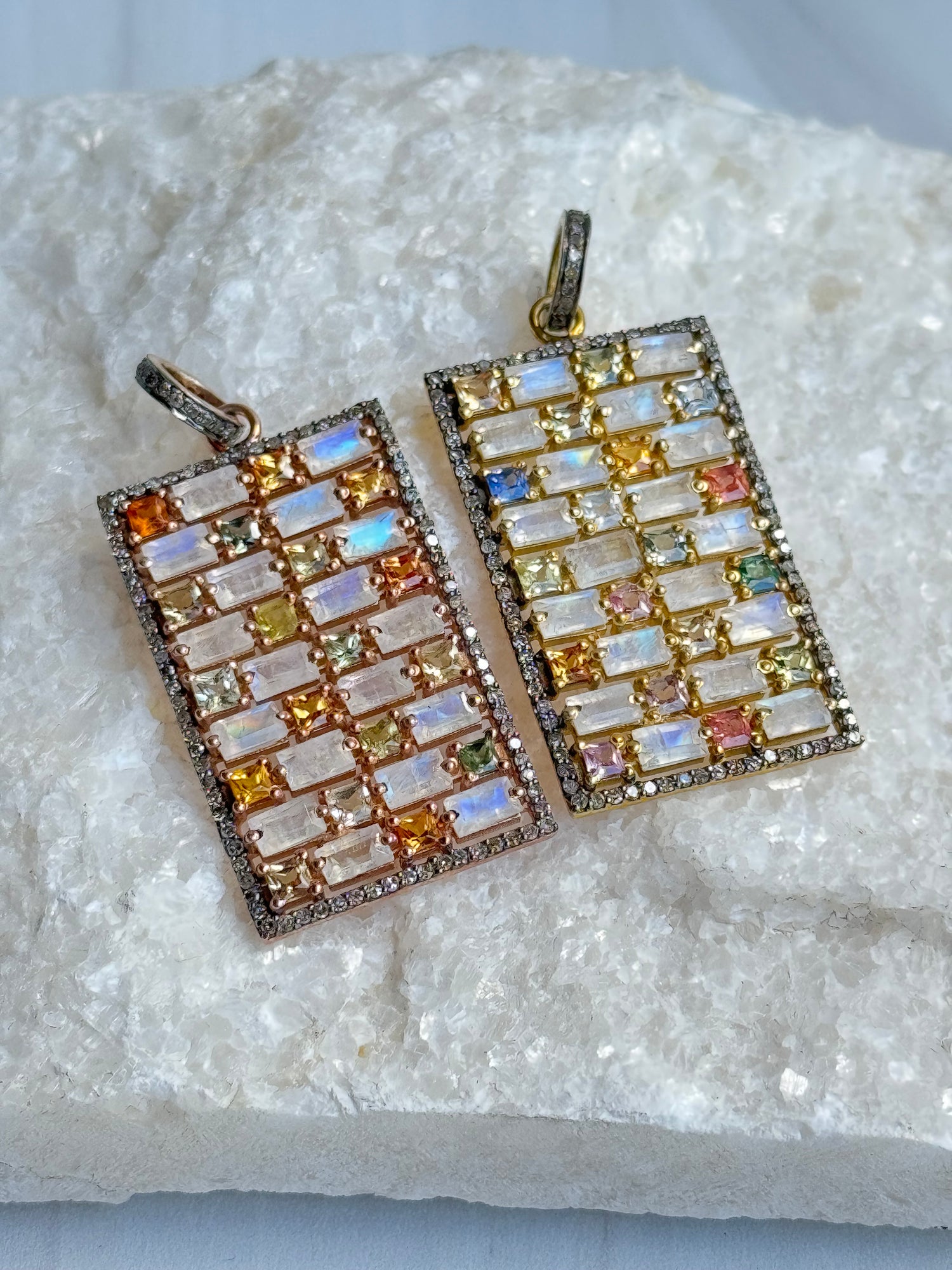 Pink Moonstone and Multi-colored Sapphire Diamond Pendant | Ulka Rocks