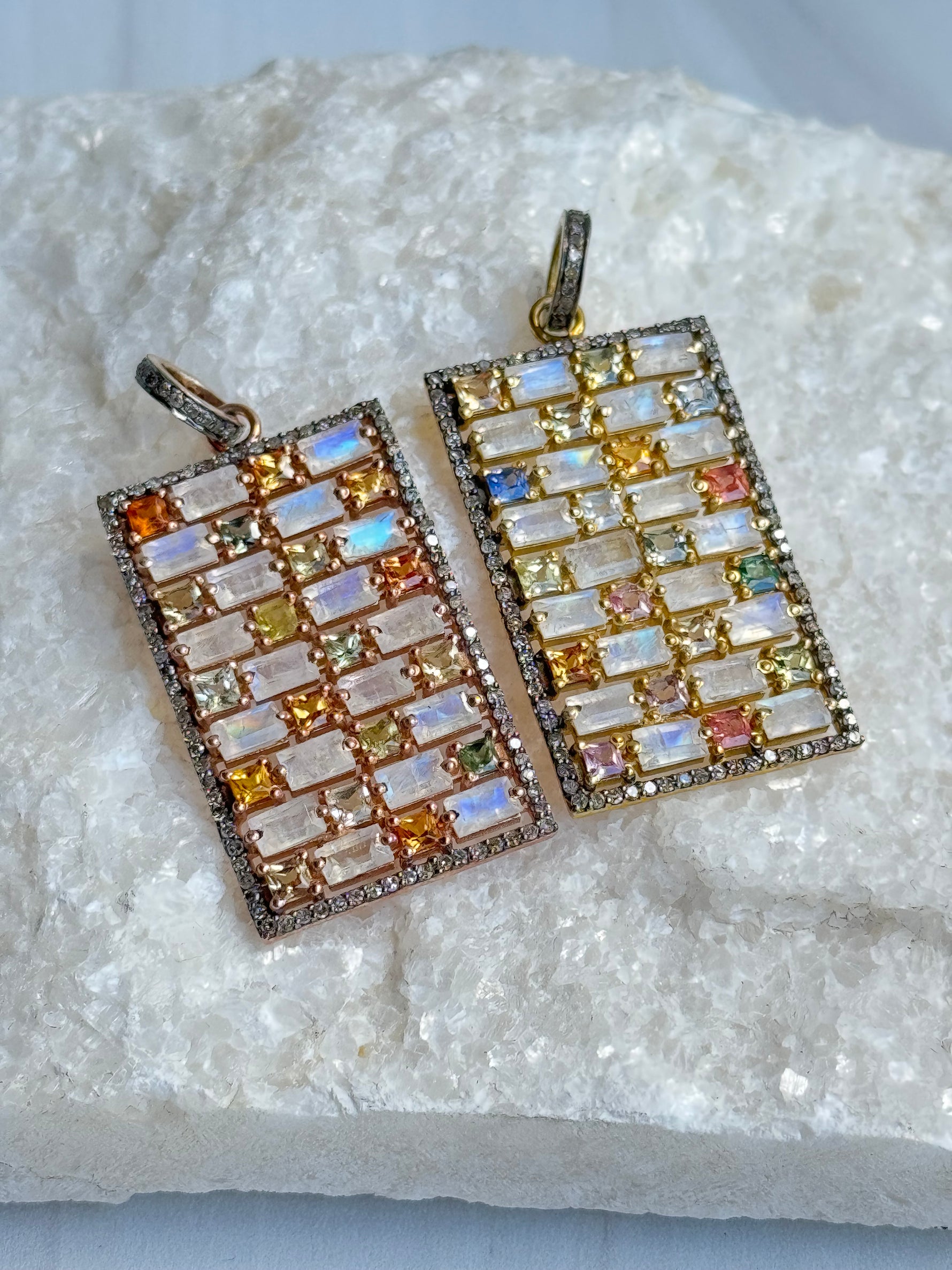 Pink Moonstone and Multi-colored Sapphire Diamond Pendant | Ulka Rocks