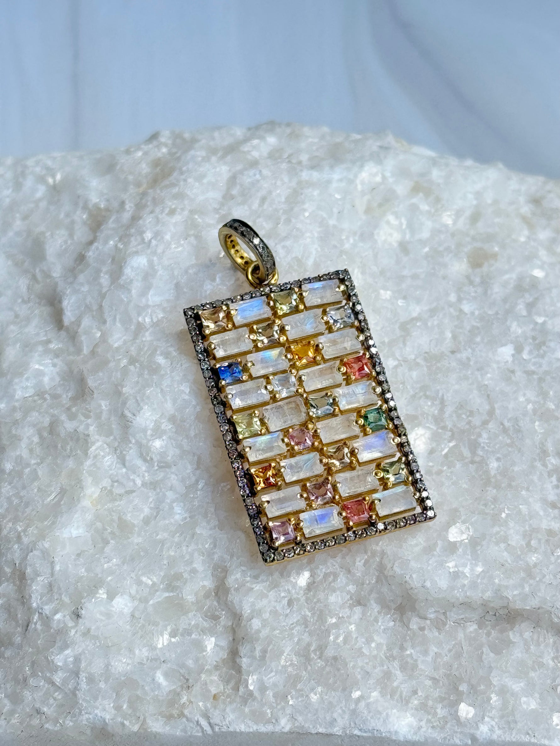 Pink Moonstone and Multi-colored Sapphire Diamond Pendant | Ulka Rocks