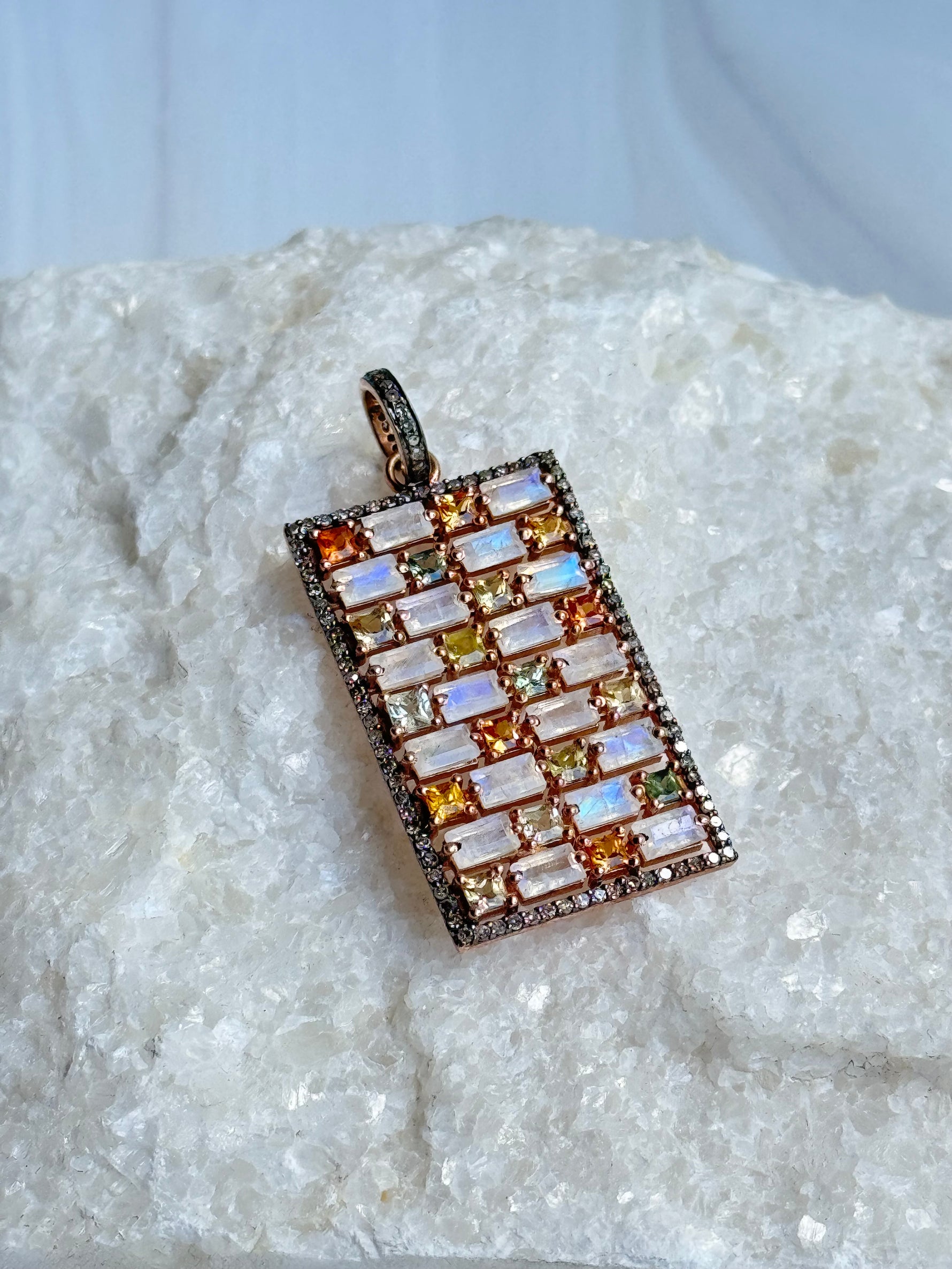 Pink Moonstone and Multi-colored Sapphire Diamond Pendant | Ulka Rocks