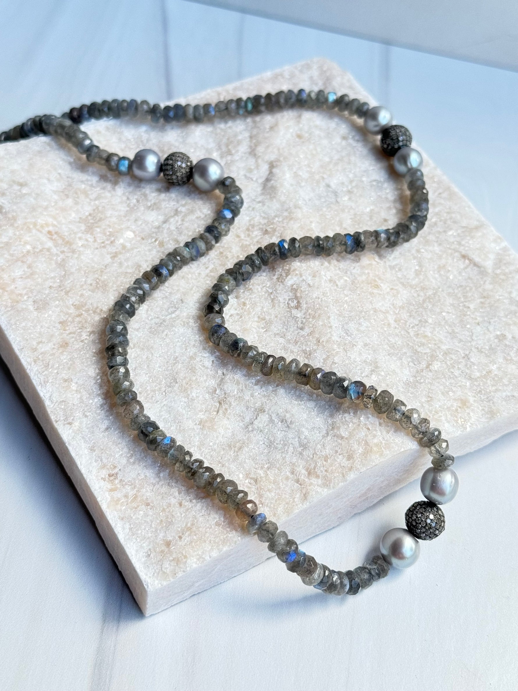 Gray Labradorite and Pearl Necklace with Diamond Accents | Ulka Rocks