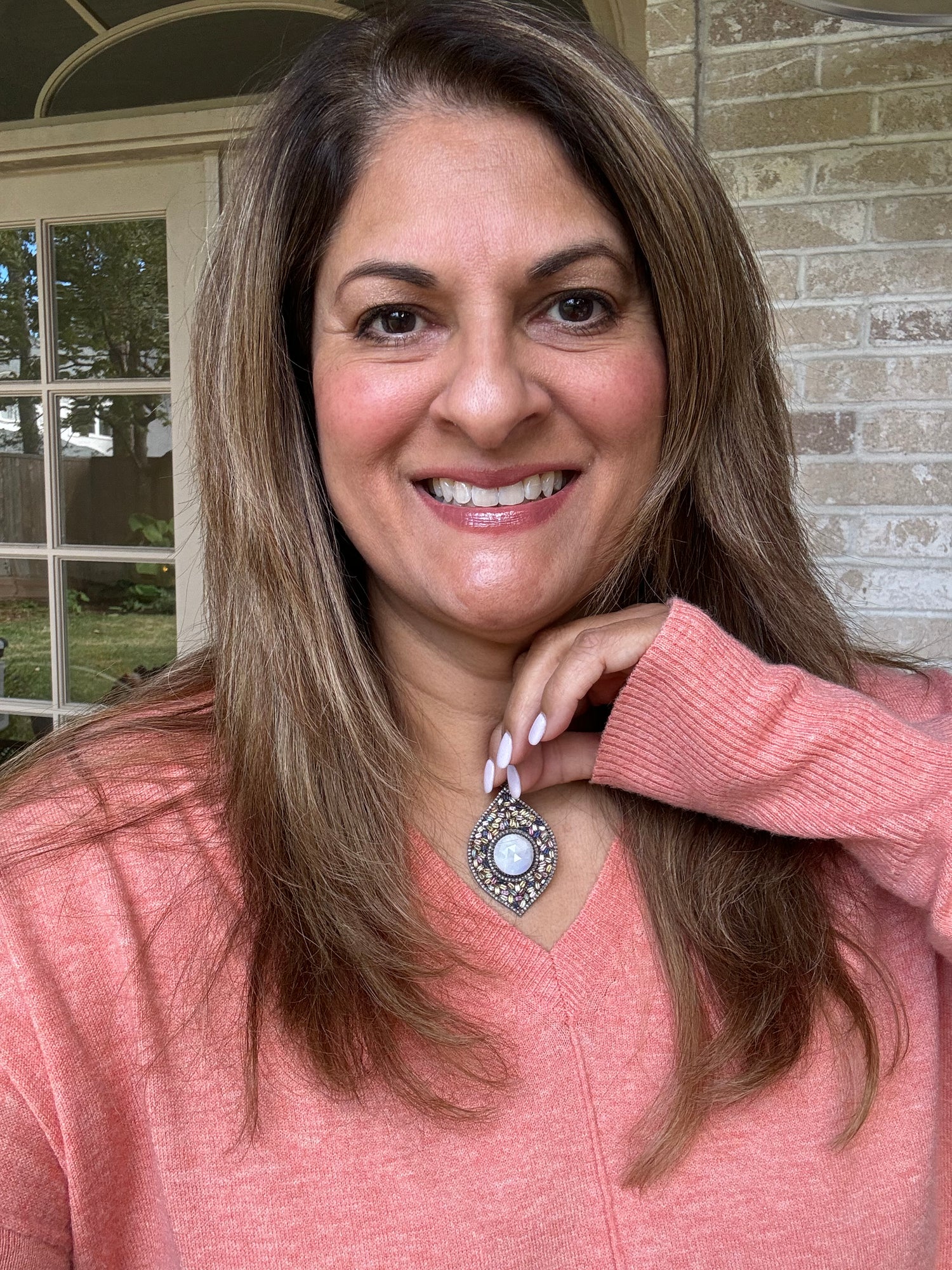 Multi-colored Sapphire Pendant with Pink Moonstone Center Stone | Ulka Rocks