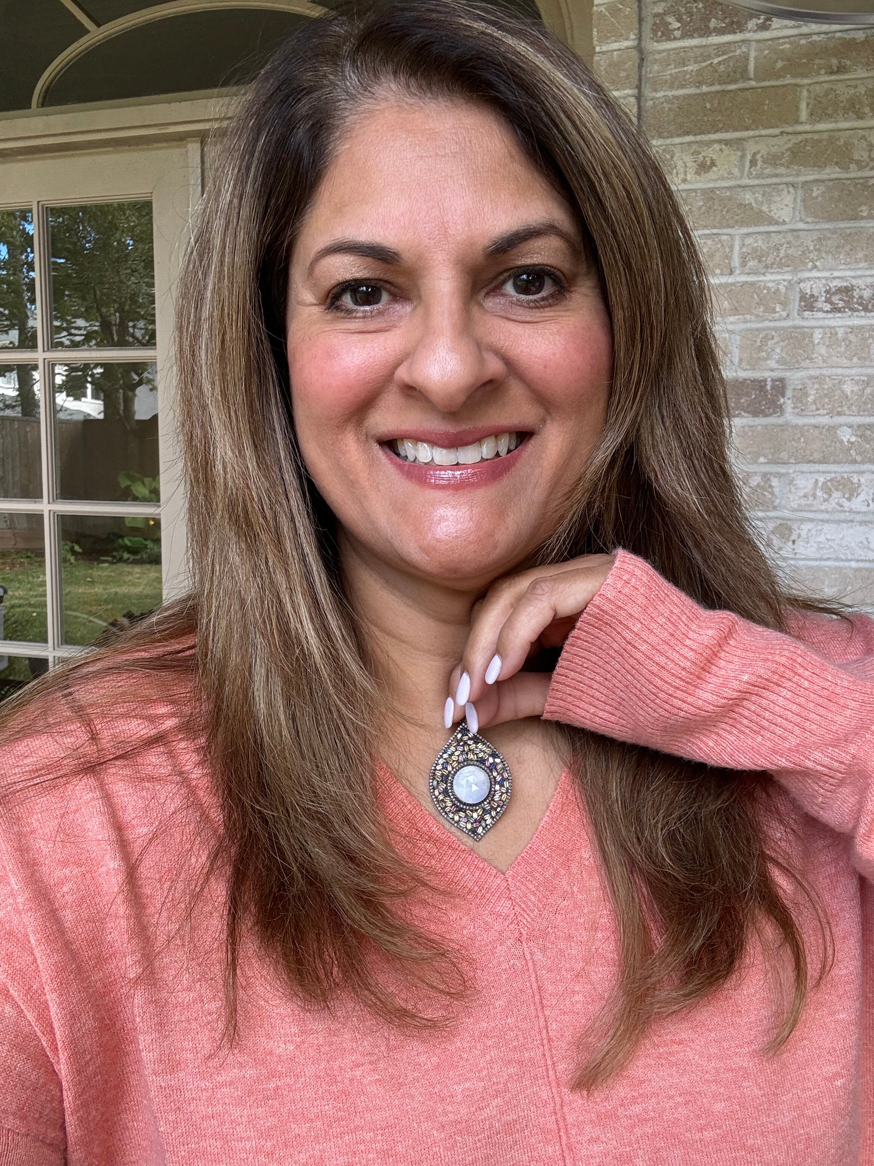 Multi-colored Sapphire Pendant with Pink Moonstone Center Stone | Ulka Rocks