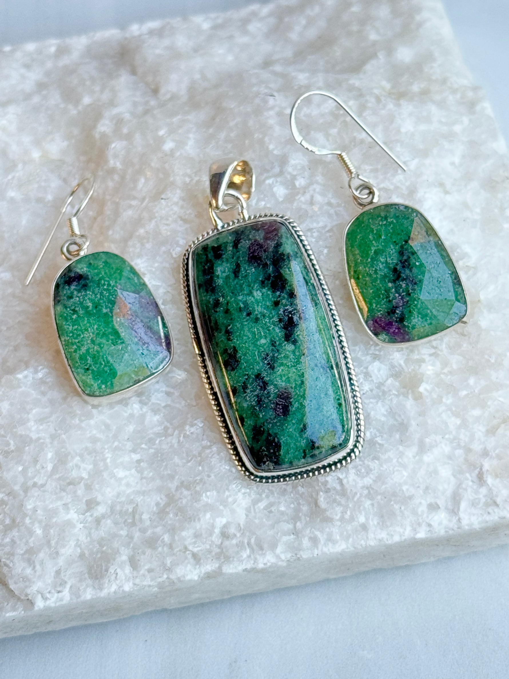 Bundle: Green Ruby Zoisite Pendant and Earrings | Ulka Rocks
