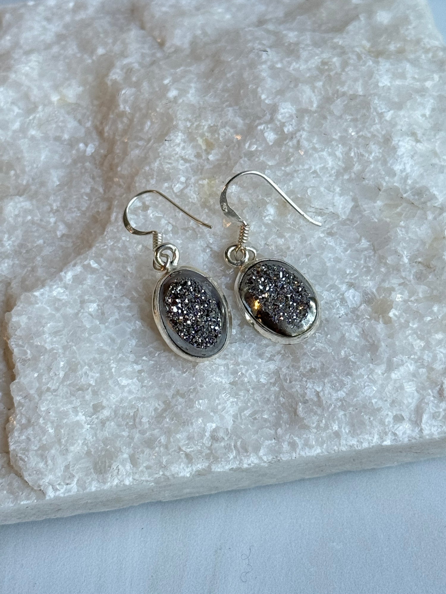 Gray Pyrite Druzy Sterling Silver Earrings | Ulka Rocks