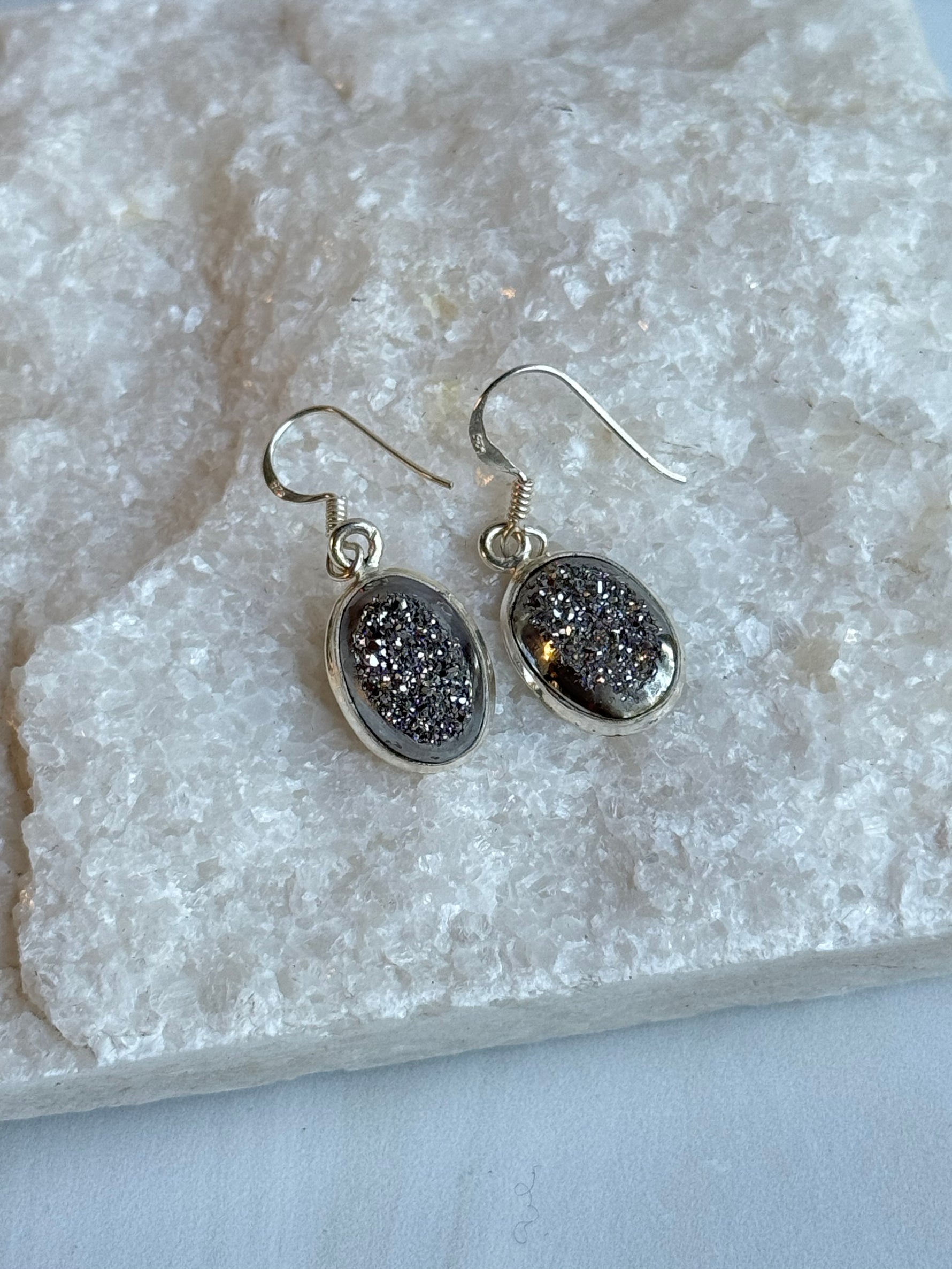Gray Pyrite Druzy Sterling Silver Earrings | Ulka Rocks