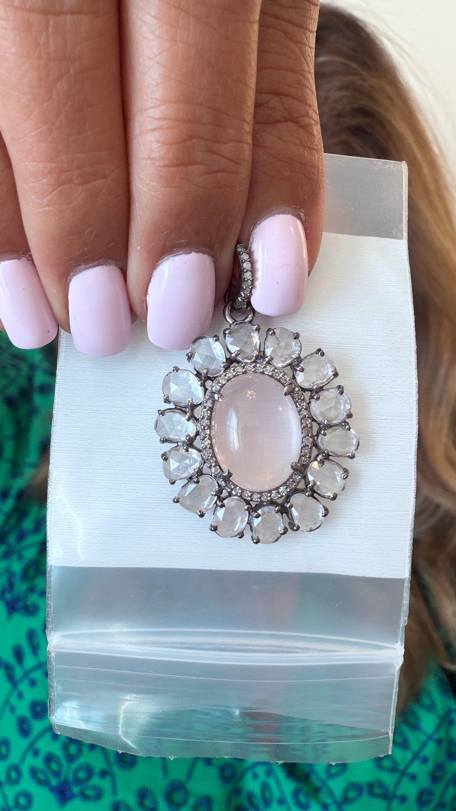 Sterling Silver Pendant With Rose Quartz And Sapphire
