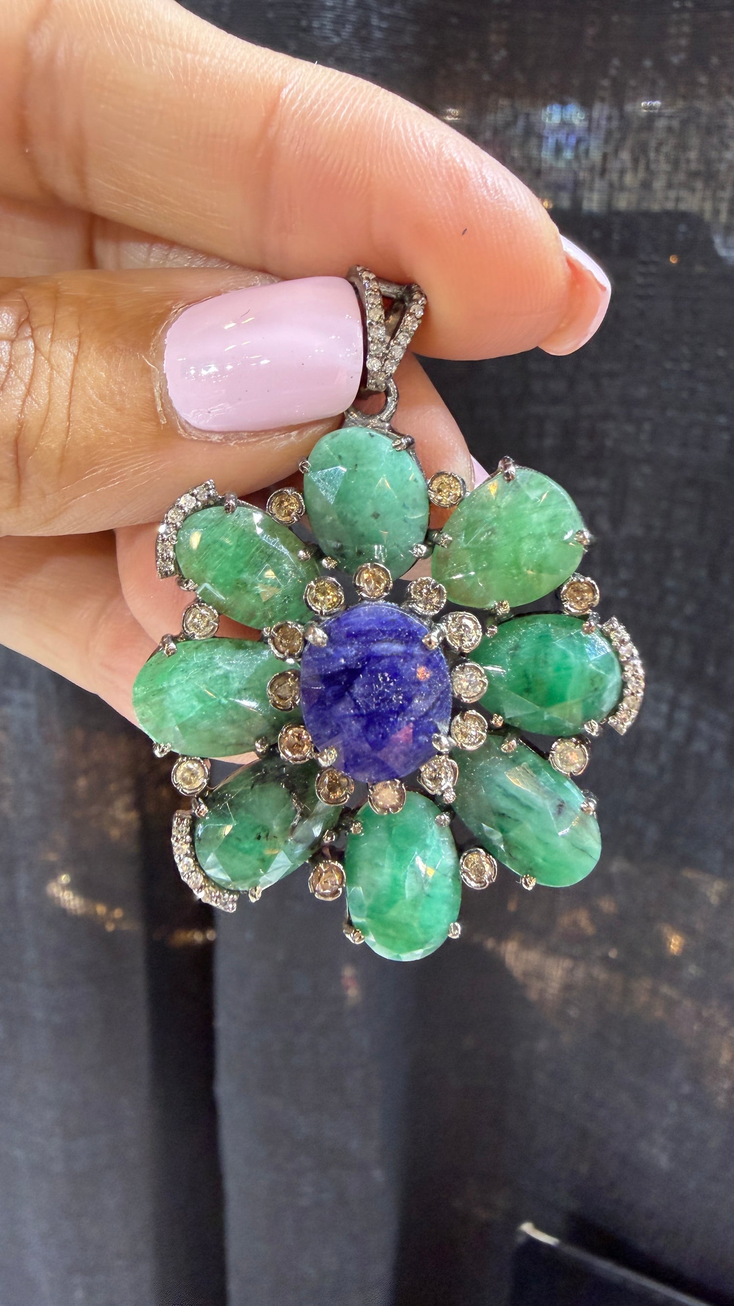 Sterling Silver Pendant With Emerald And Tanzanite