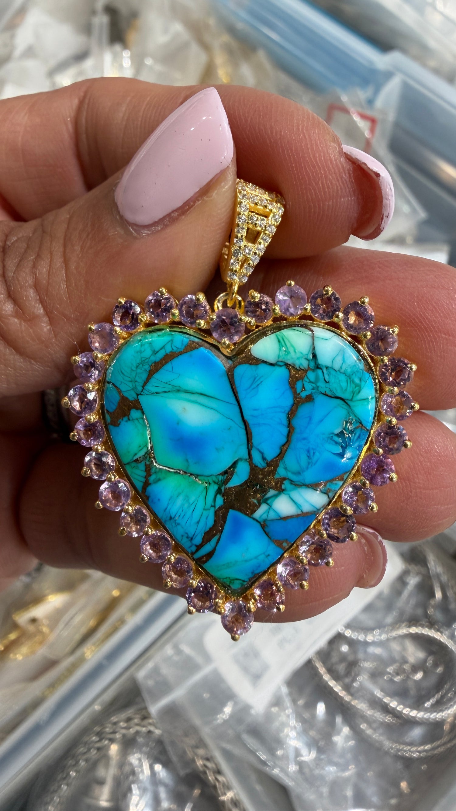 Gold Vermeil Pendant With Mohave Turquoise And Amethyst