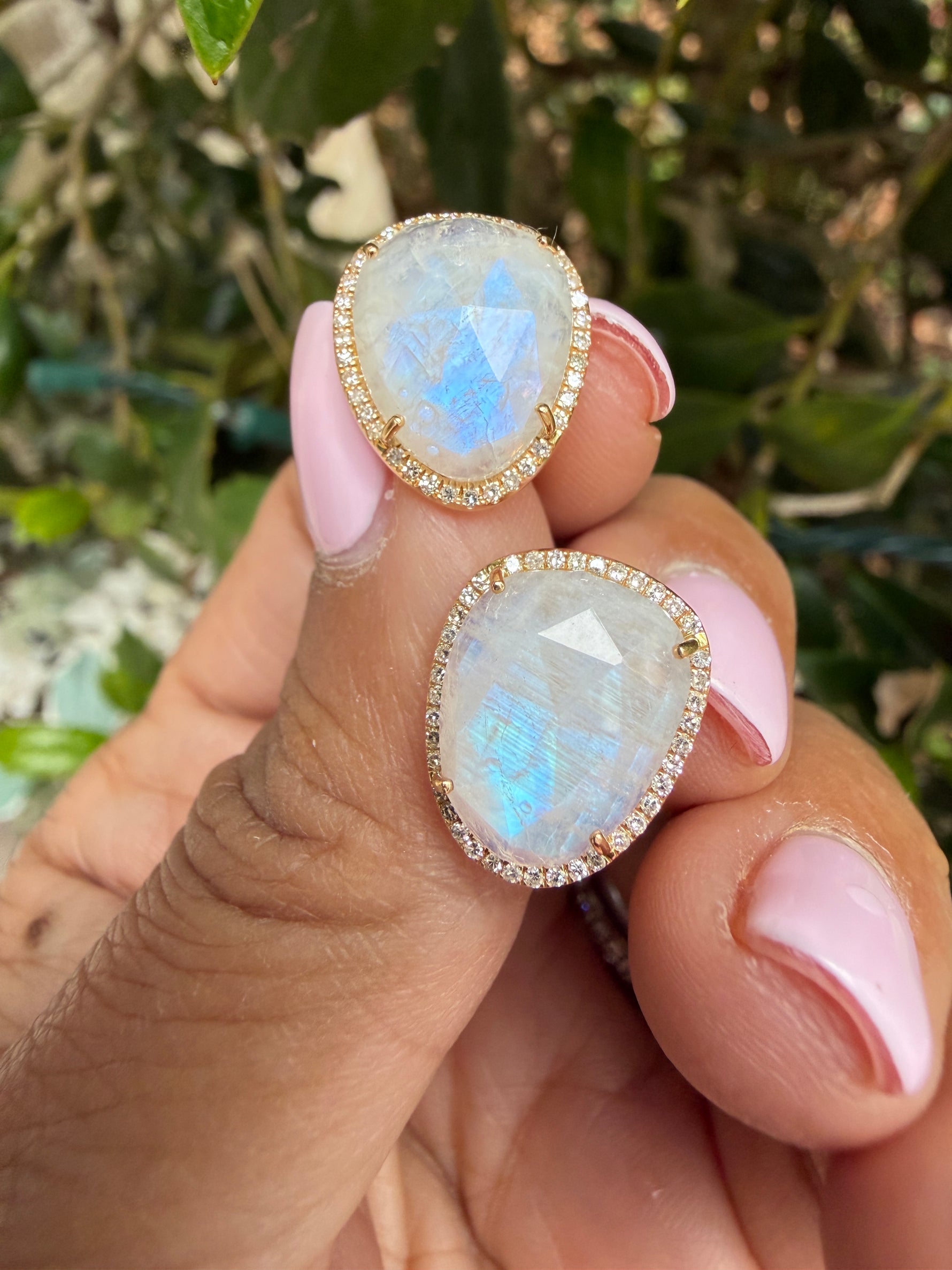 Diamond Blue Moonstone Stud Earrings in 14K Gold | Ulka Rocks