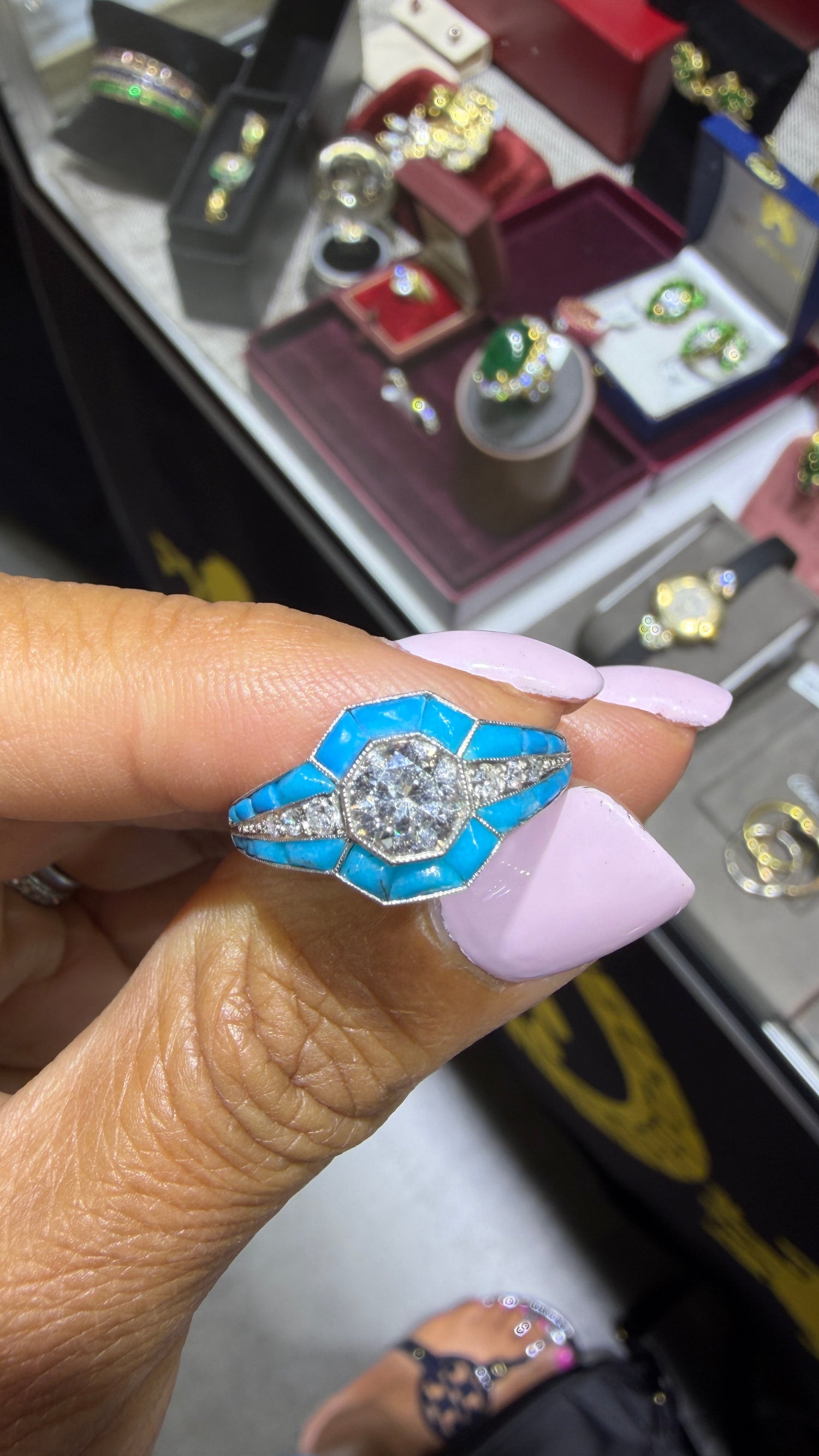 Vintage Platinum Ring With Turquoise And Diamond Size 7