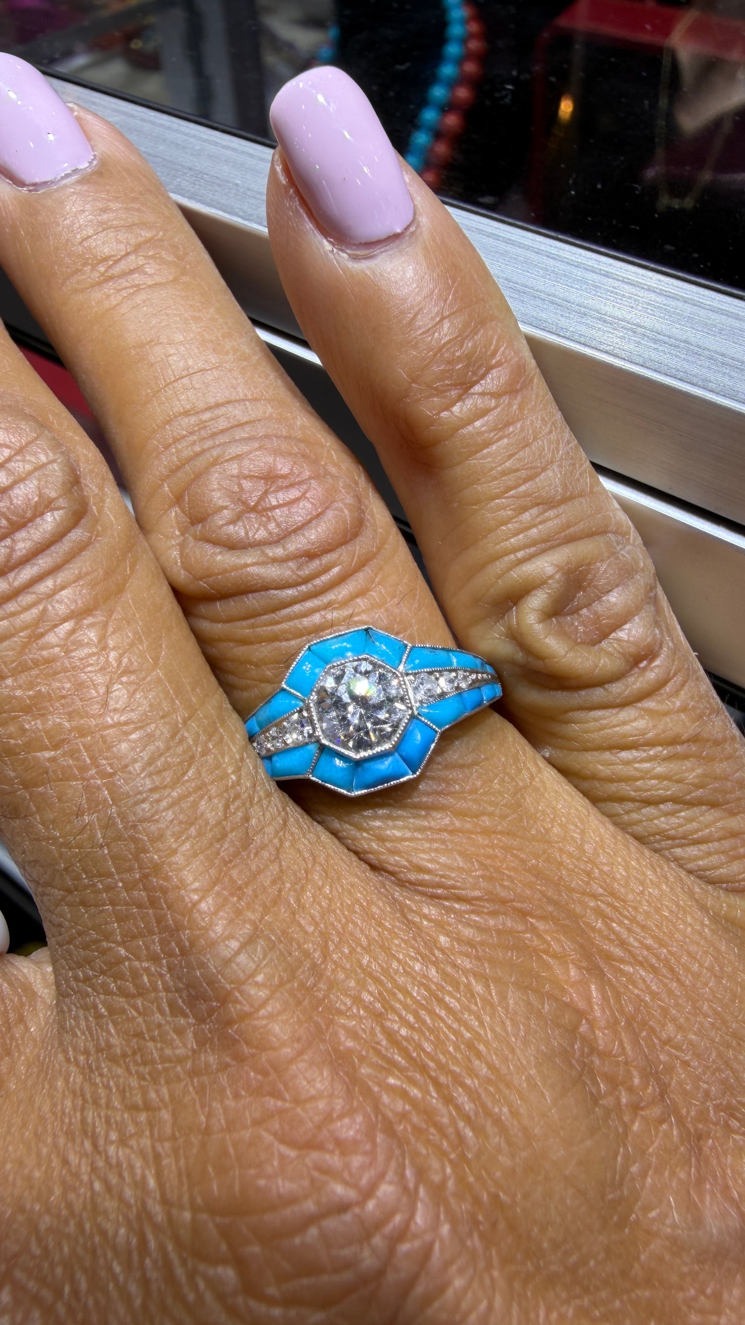 Vintage Platinum Ring With Turquoise And Diamond Size 7