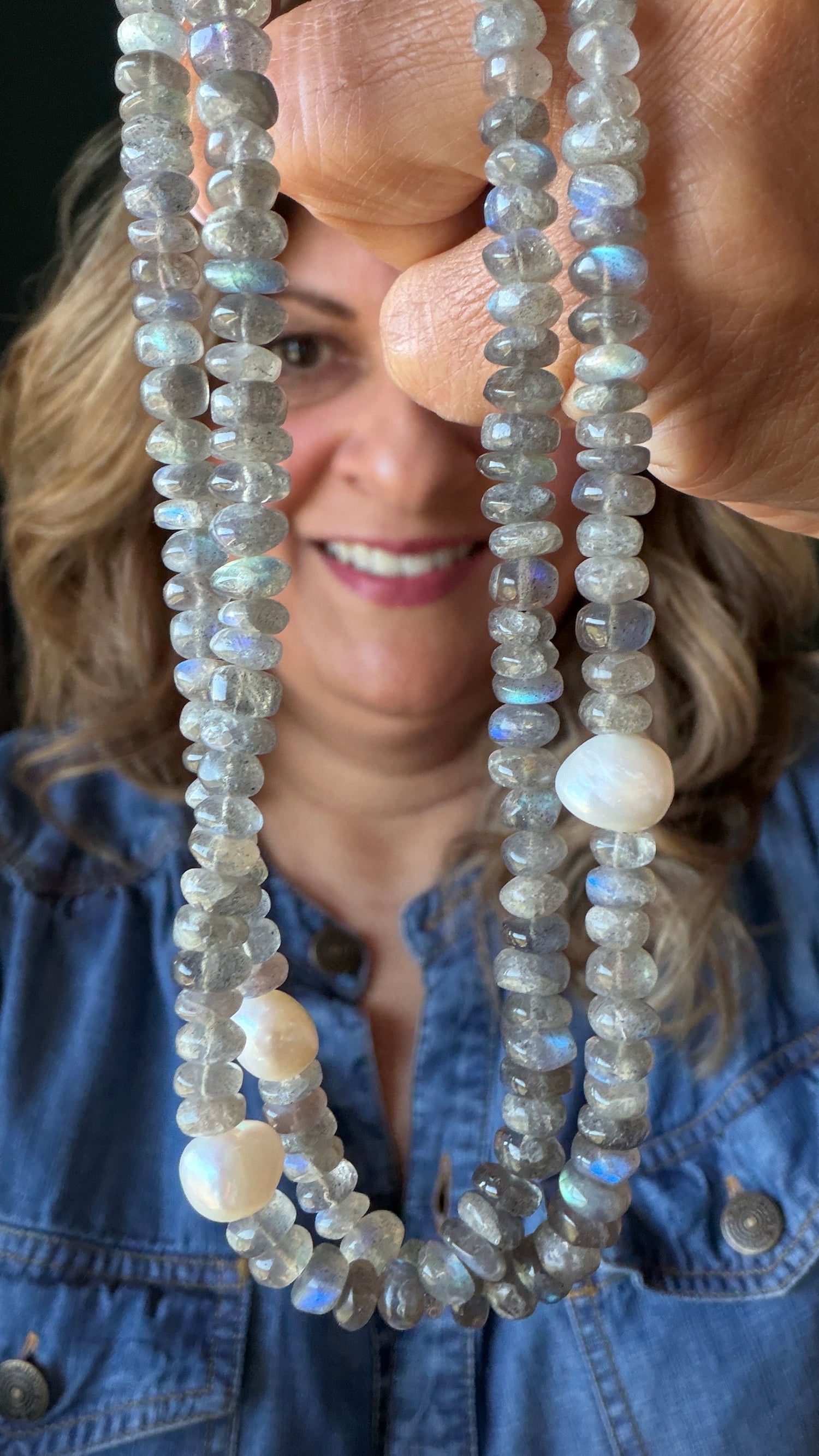 Sterling Silver Necklace With Labradorite And Pearl 38 inches