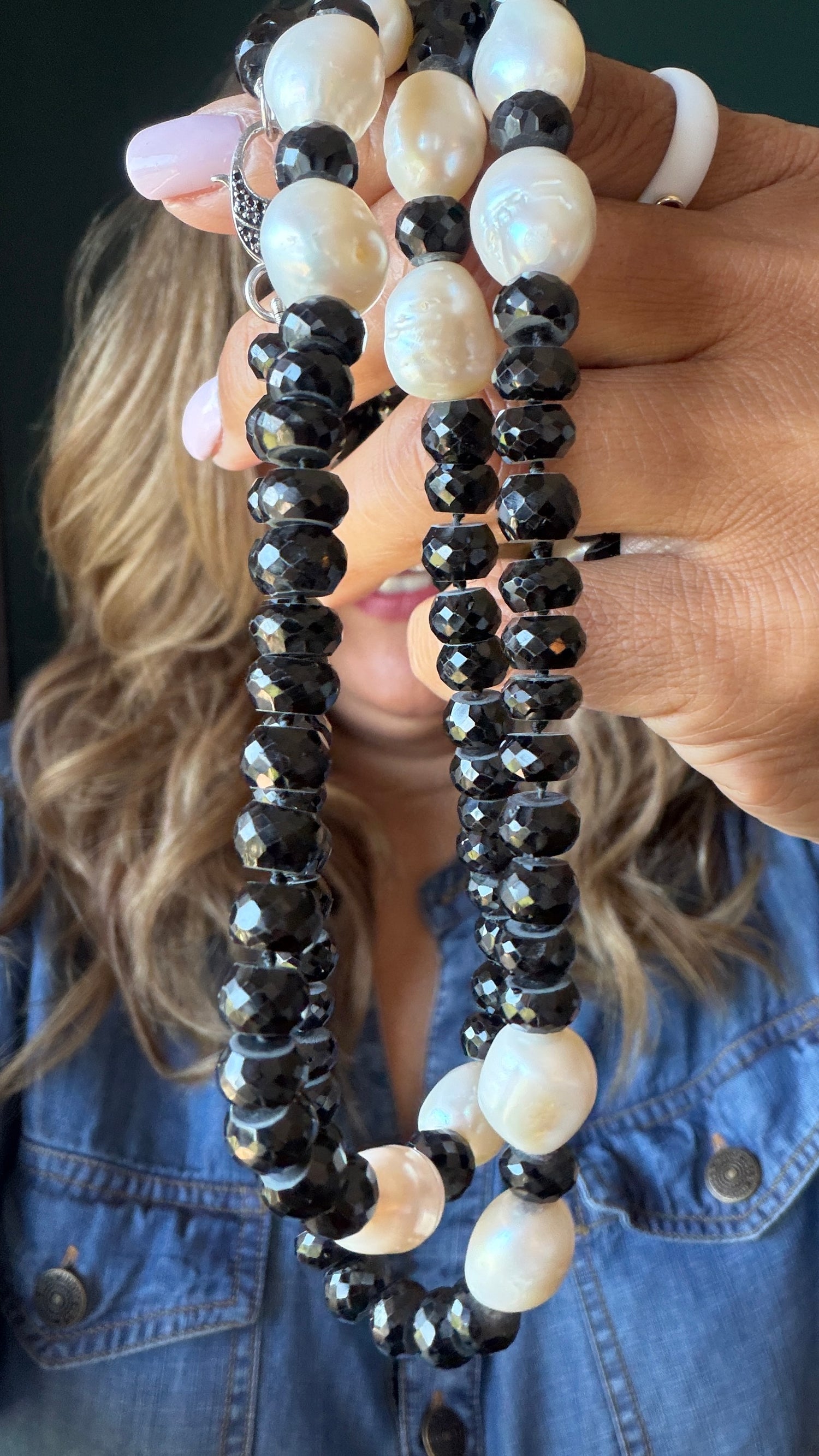Sterling Silver Necklace With Black Spinel And Pearl 38 inches