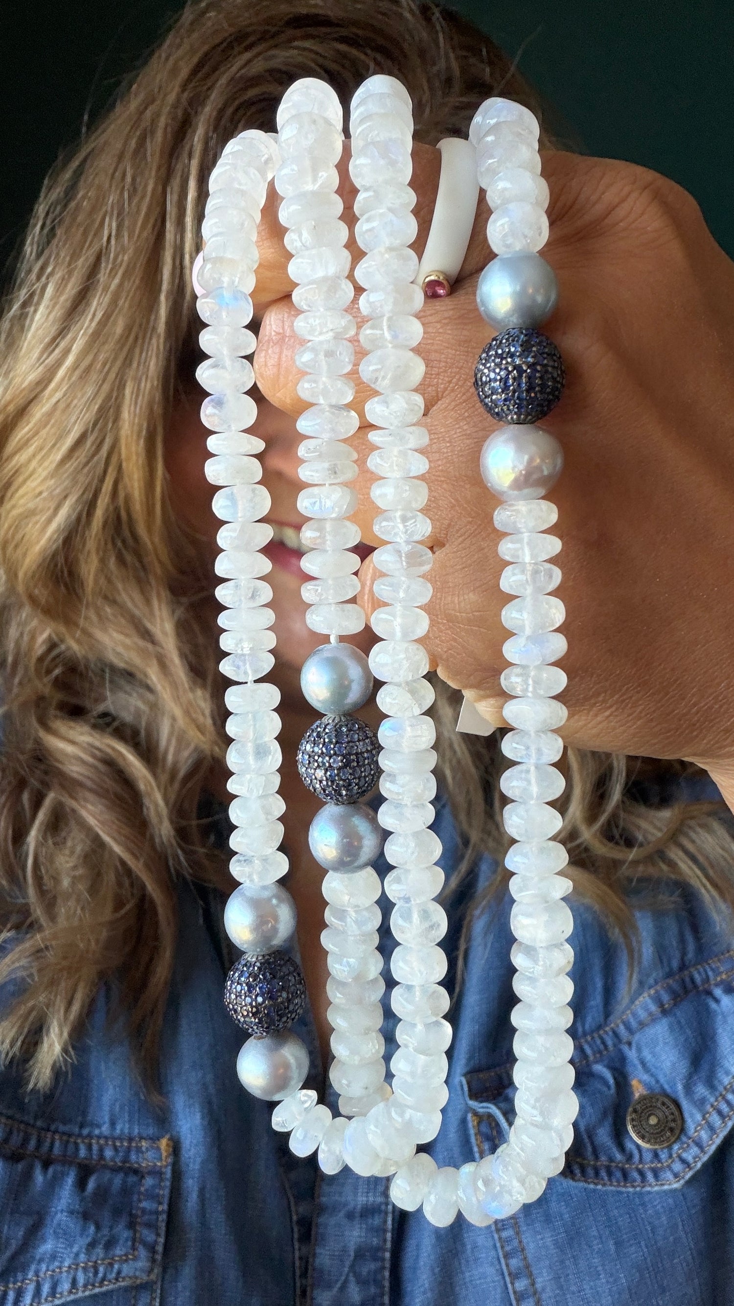 Sterling Silver Necklace With Moonstone And Sapphire 36 inches