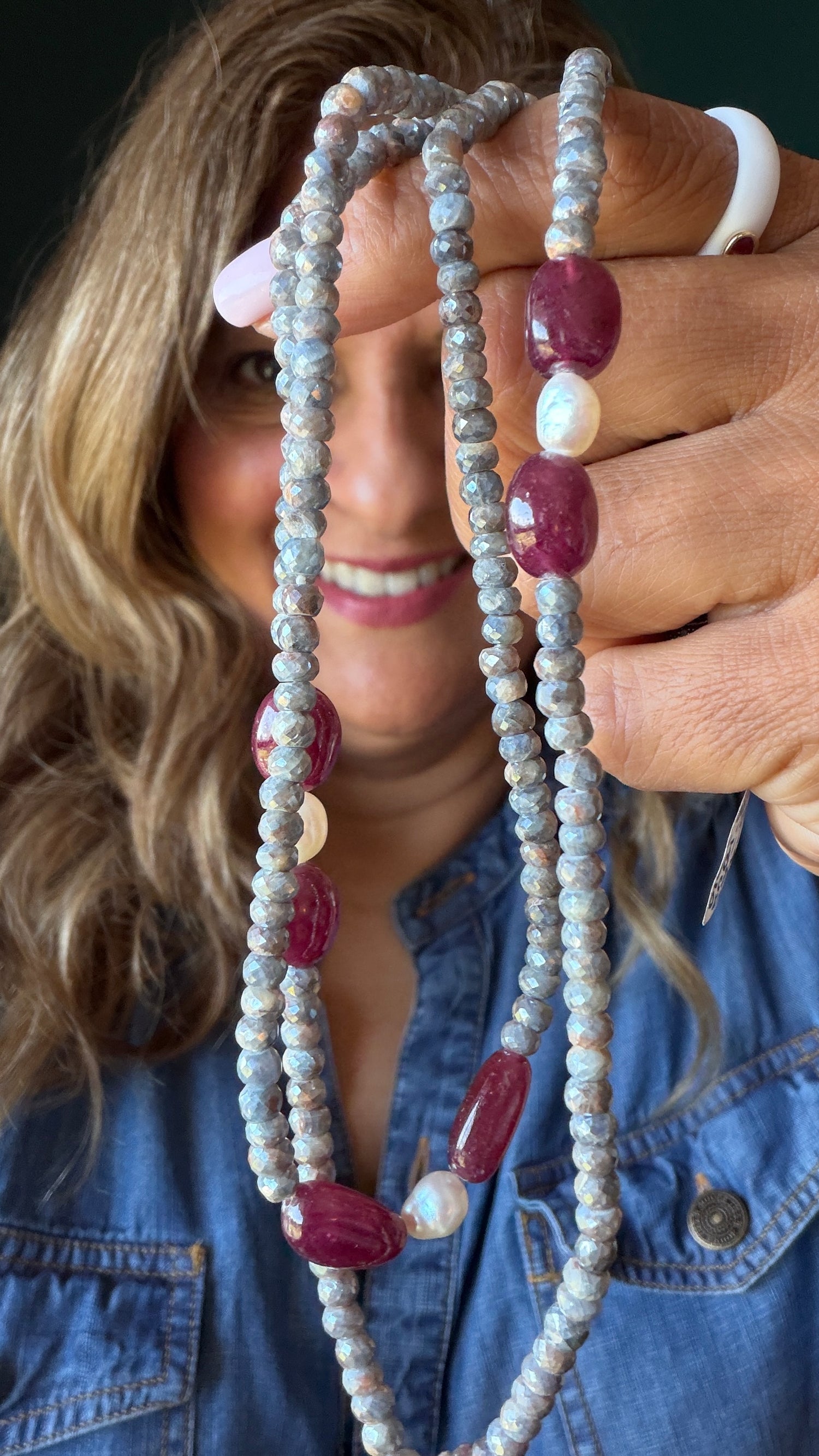 Sterling Silver Necklace With Silverite And Ruby 36 inches