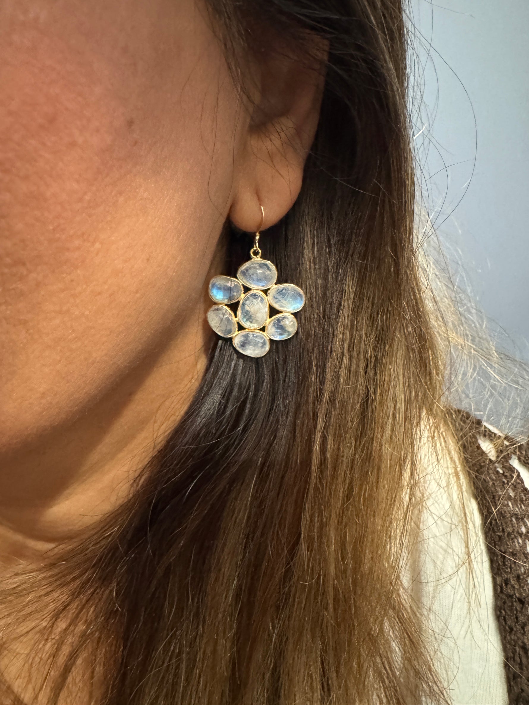 Rainbow White Moonstone Gold Flower Earrings | Ulka Rocks