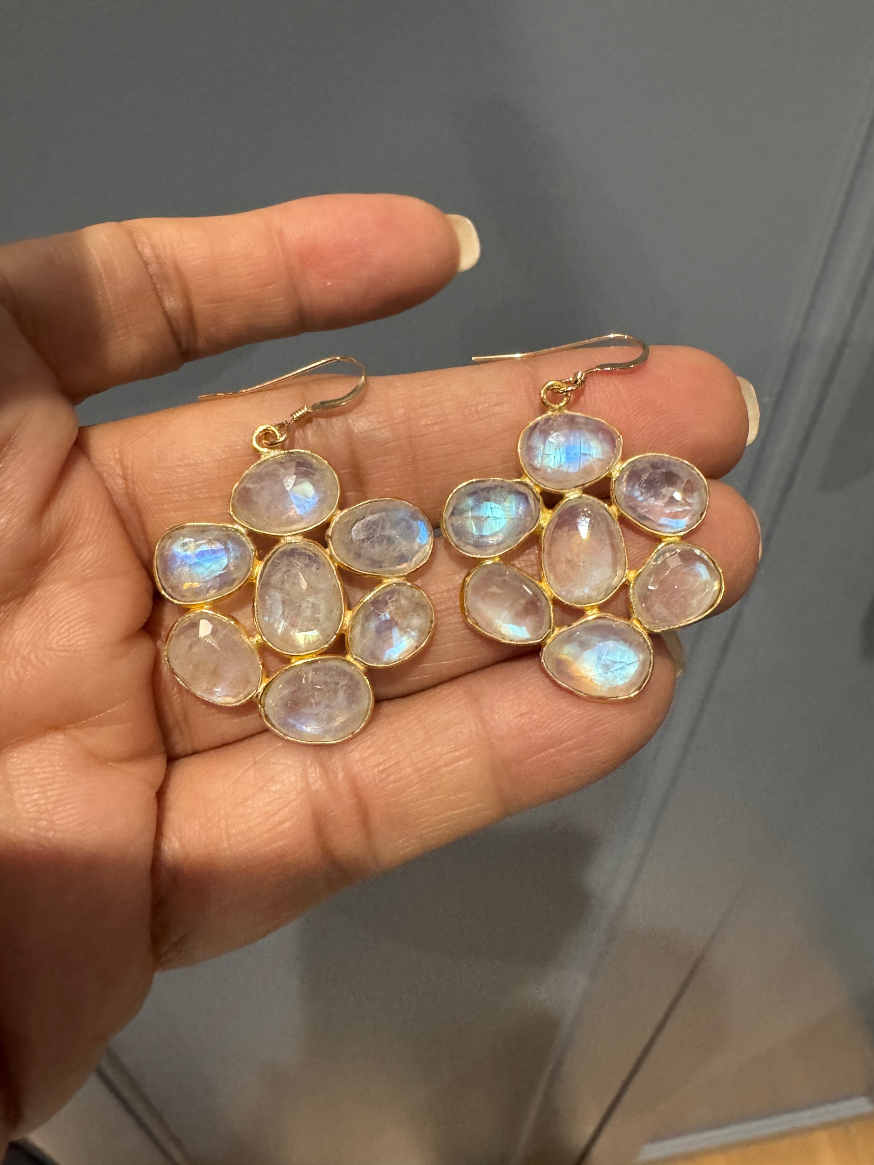 Rainbow White Moonstone Gold Flower Earrings | Ulka Rocks