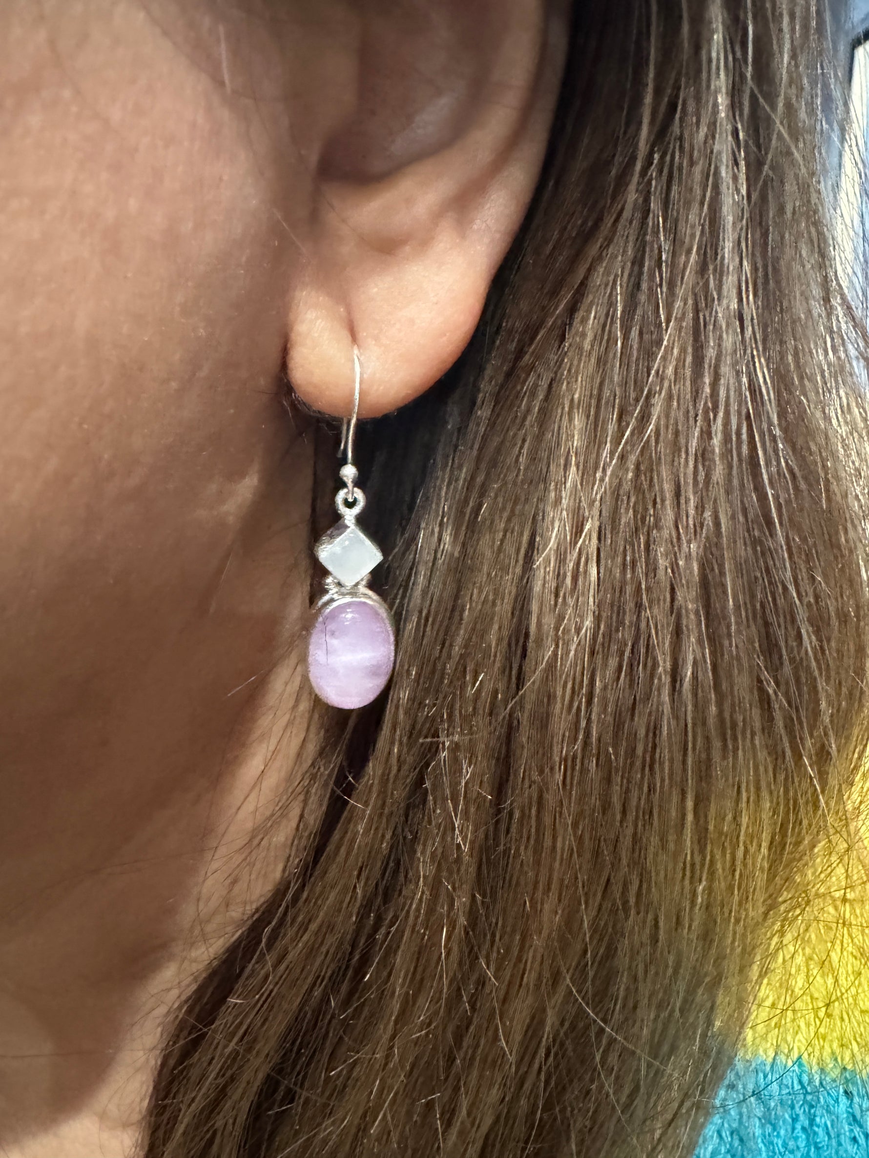 Rare Kunzite and Pink Moonstone Silver Drop Earrings | Ulka Rocks