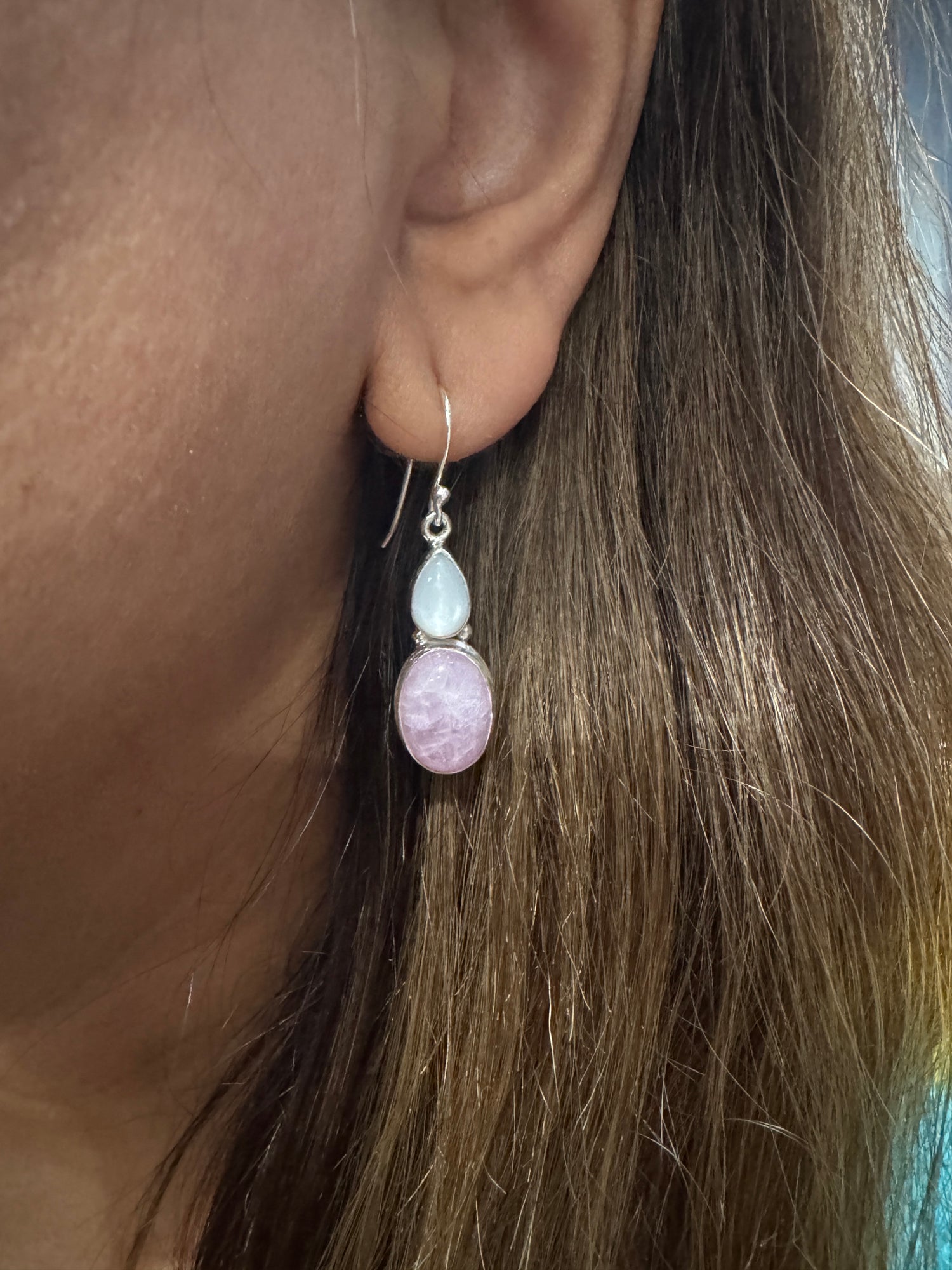 Rare Kunzite and Pink Moonstone Silver Drop Earrings | Ulka Rocks