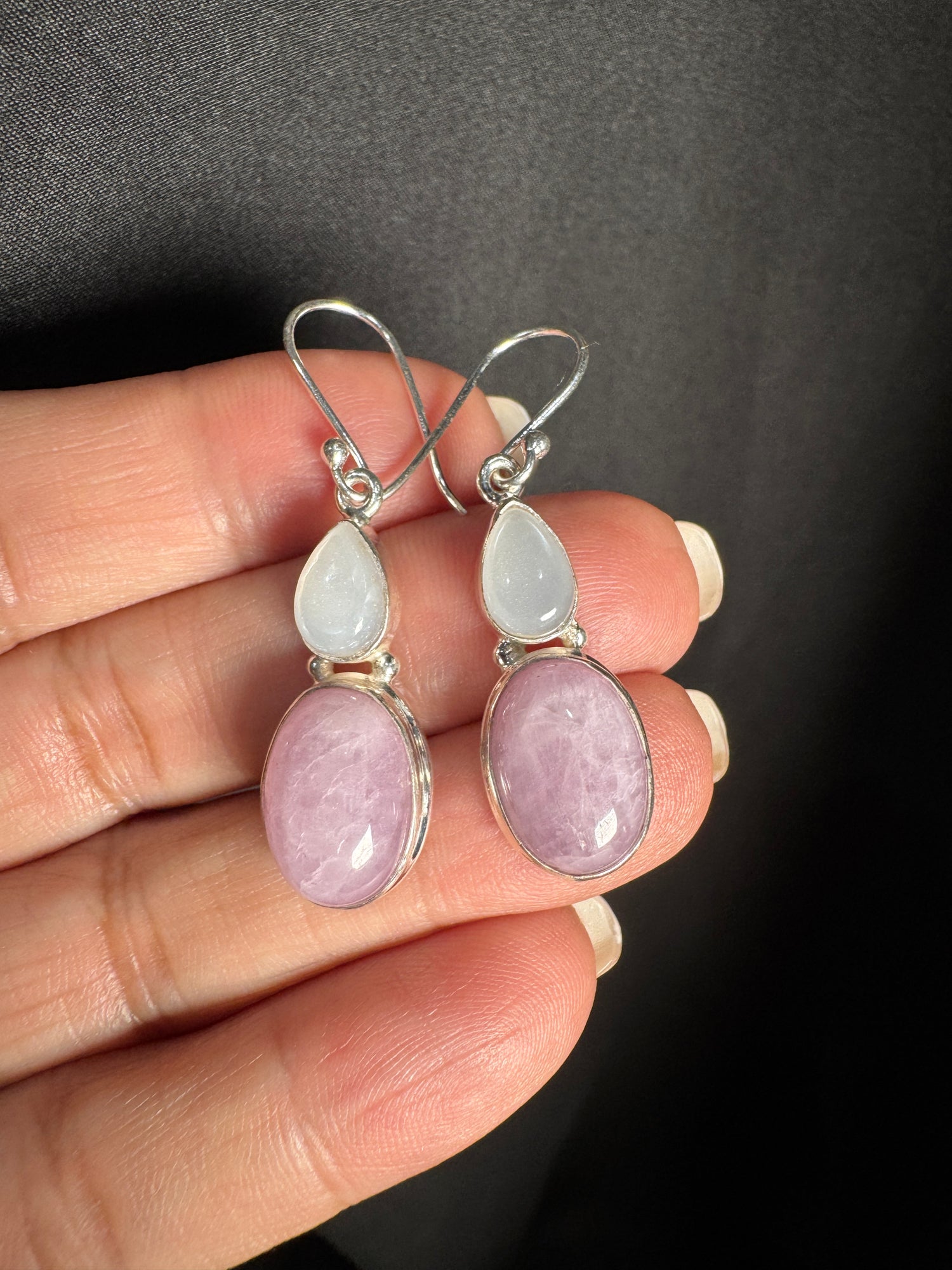 Rare Kunzite and Pink Moonstone Silver Drop Earrings | Ulka Rocks