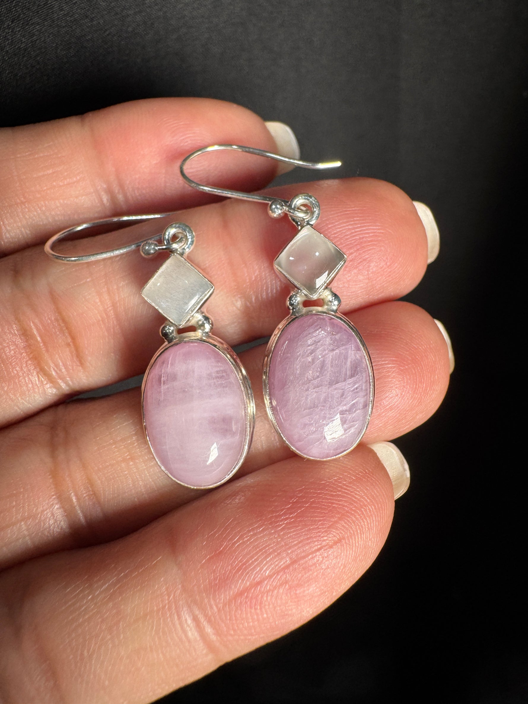 Rare Kunzite and Pink Moonstone Silver Drop Earrings | Ulka Rocks