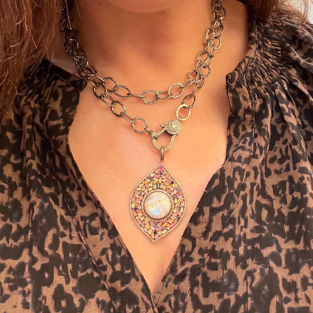 Multi-colored Sapphire Pendant with Pink Moonstone Center Stone | Ulka Rocks