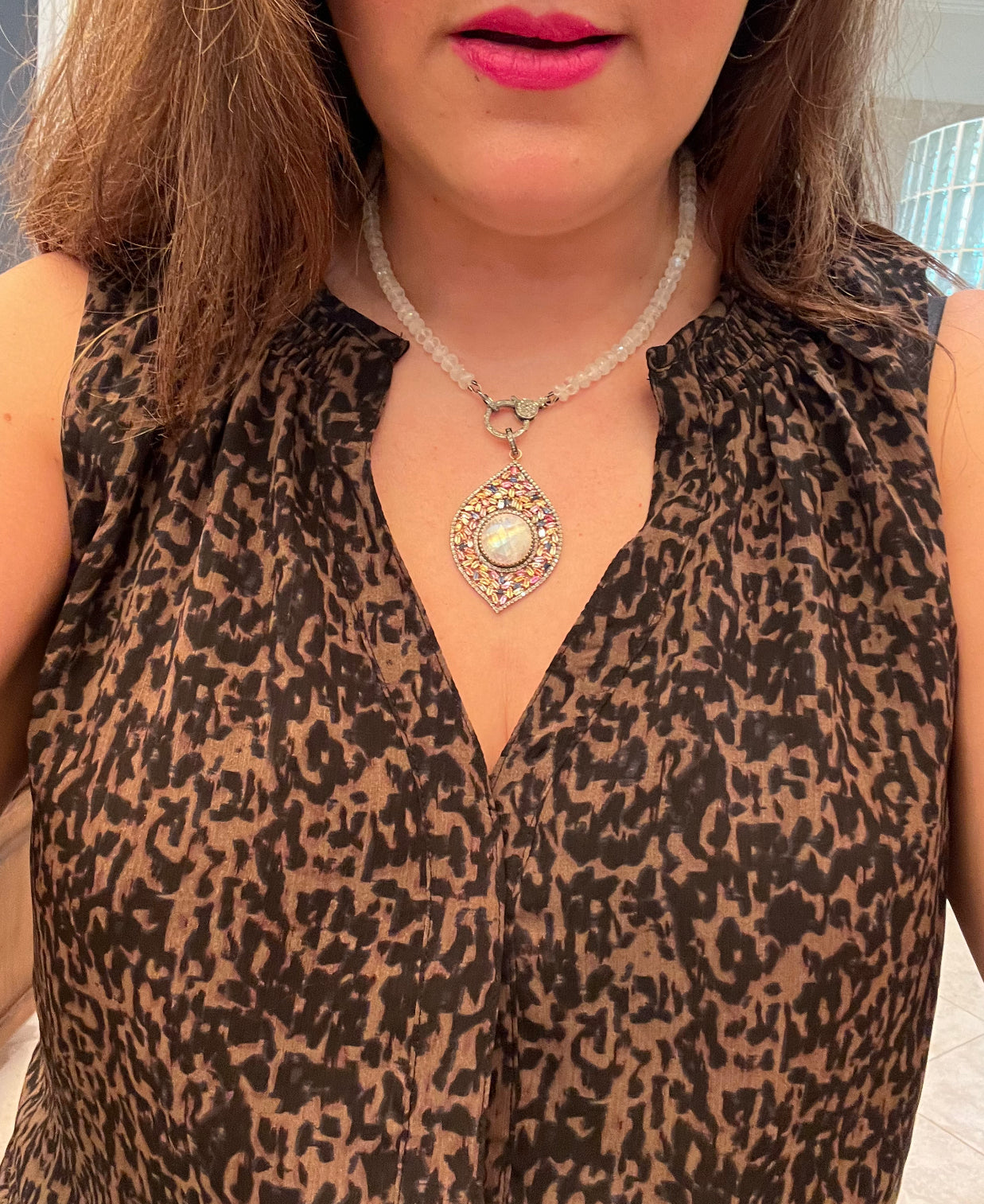 Multi-colored Sapphire Pendant with Pink Moonstone Center Stone | Ulka Rocks