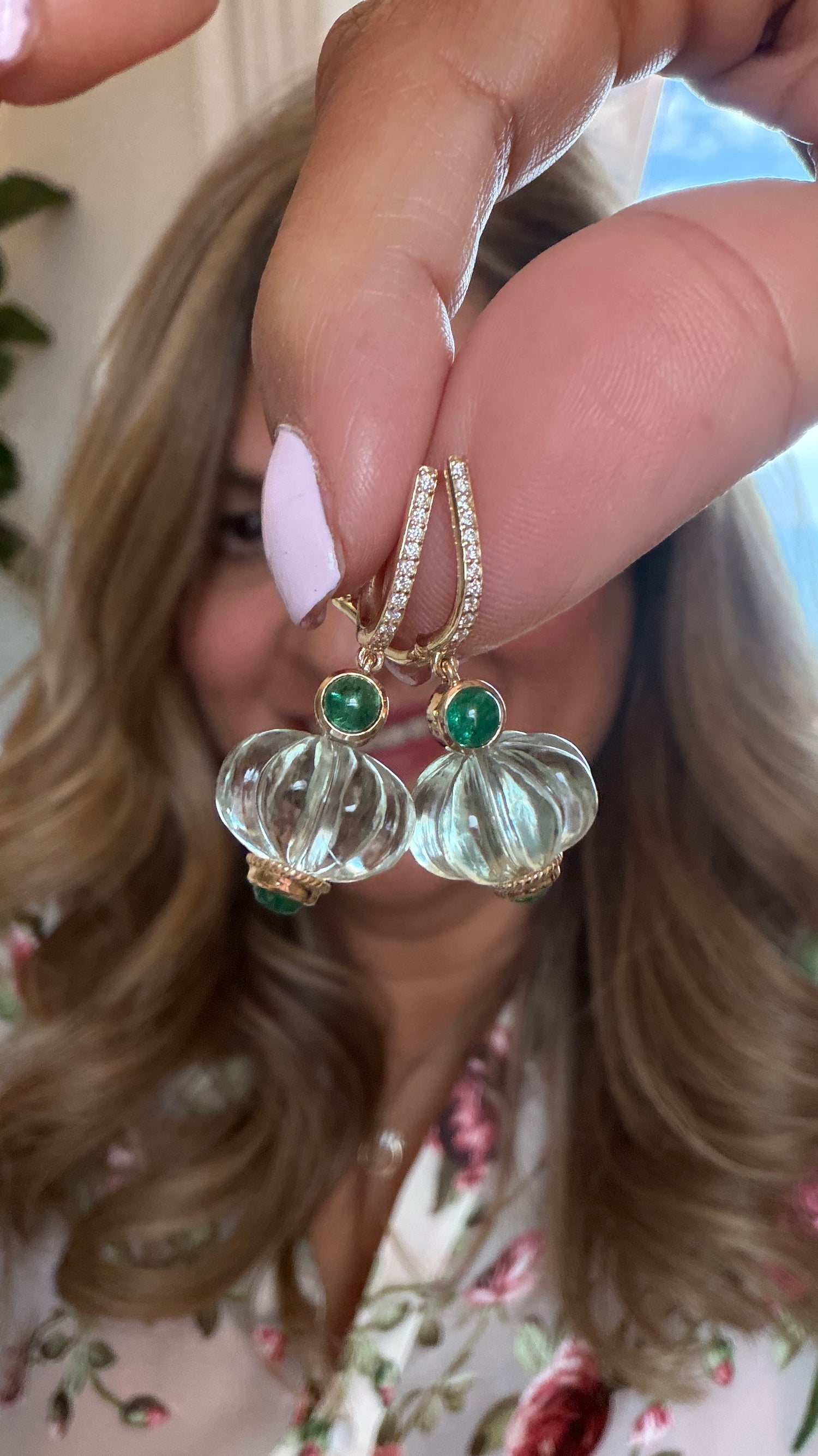 14k Yellow Gold Earrings With Green Amethyst And Emerald